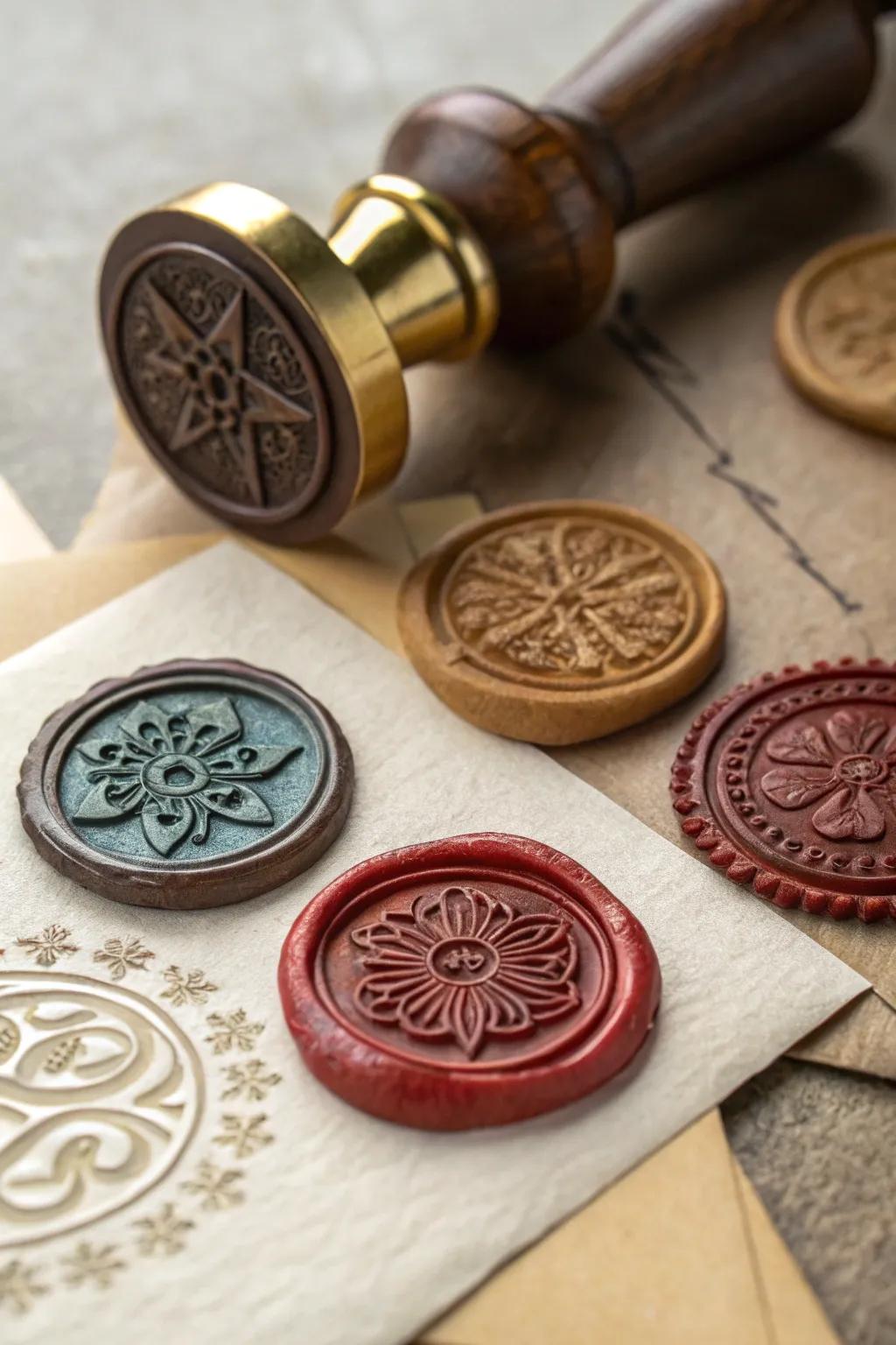 A collection of unique wax stamps, each presenting a different creative style.