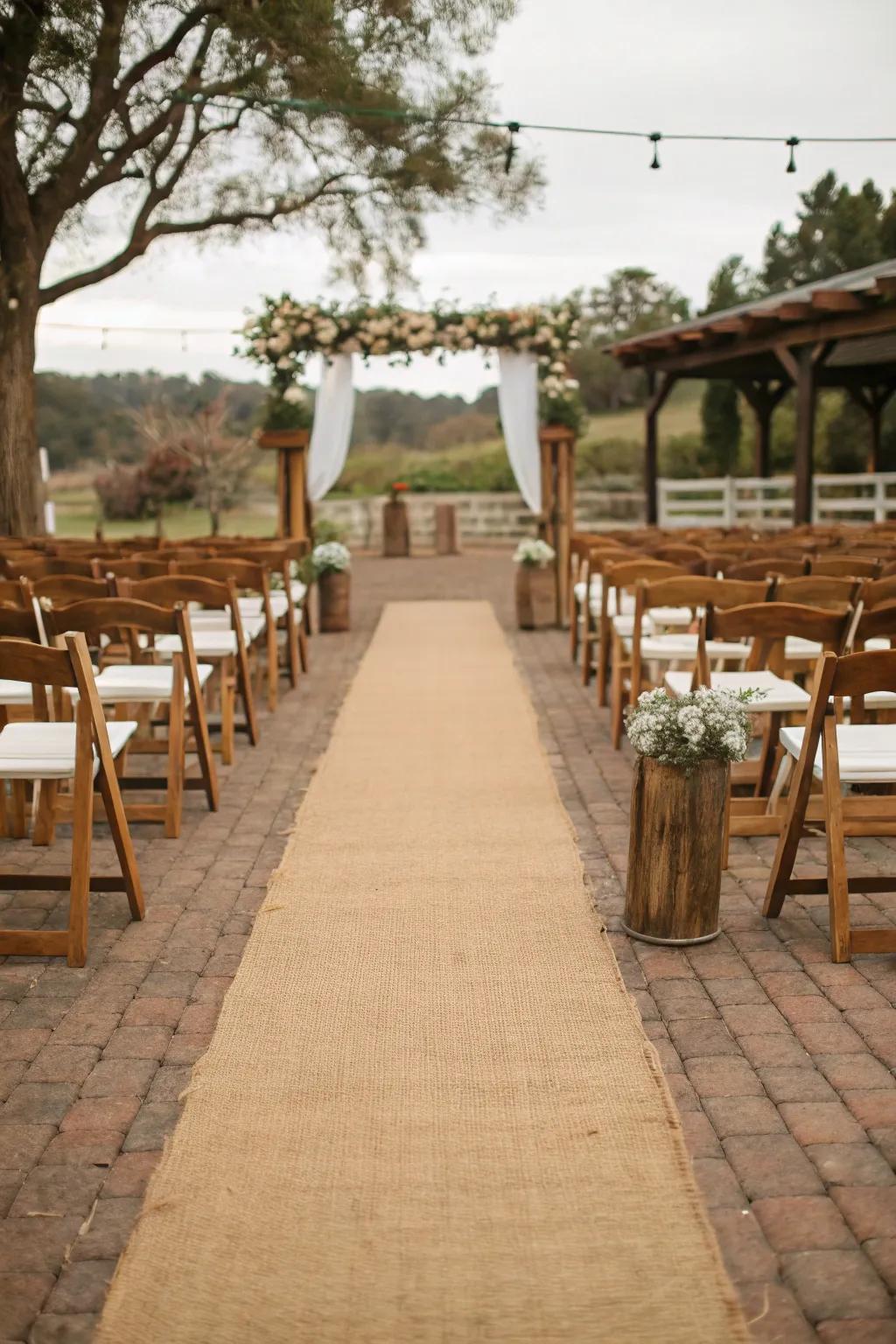 A natural jute runner imparts rustic charm to an open-air aisle.