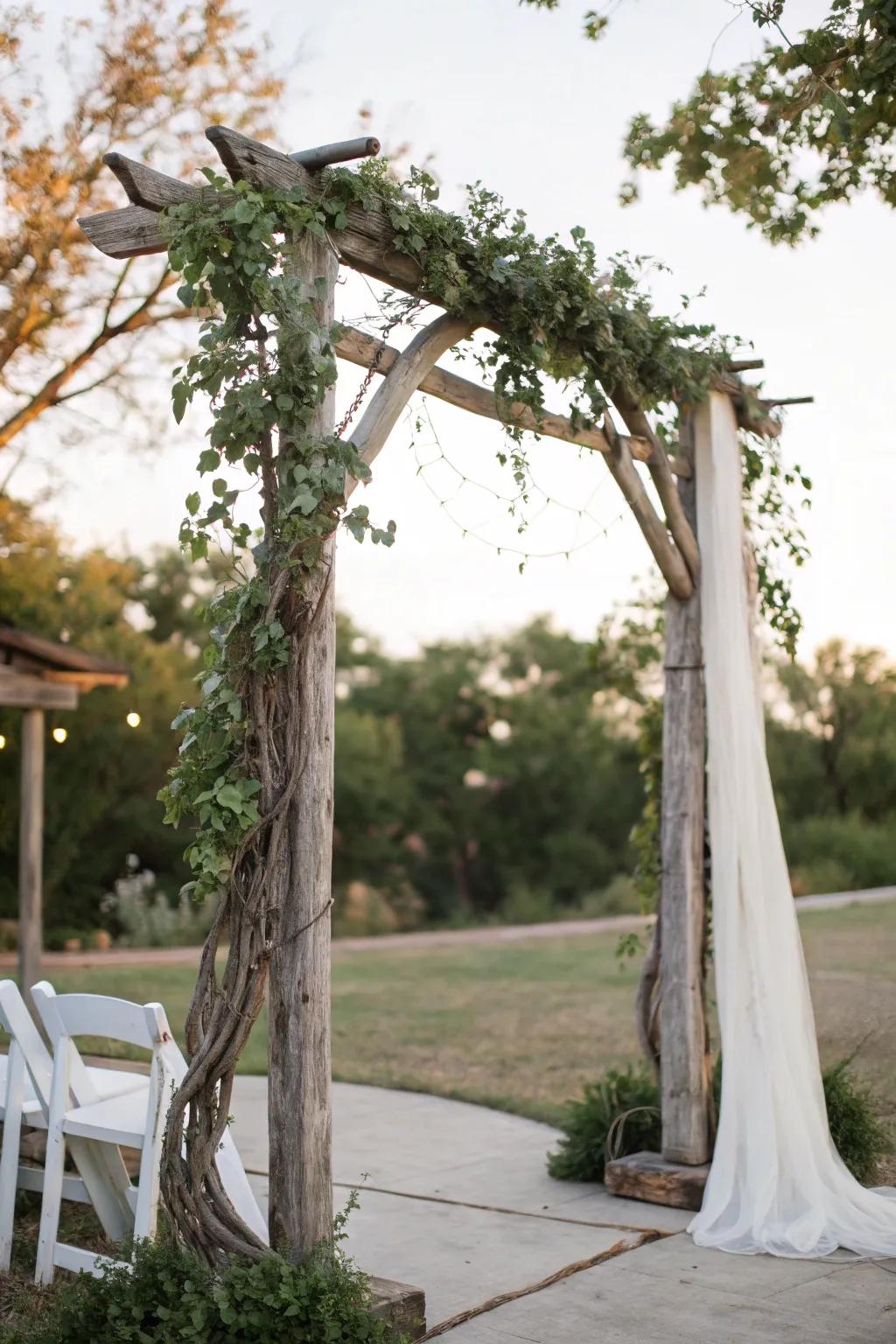 A delightful timber arch that infuses countryside appeal into your ceremony.