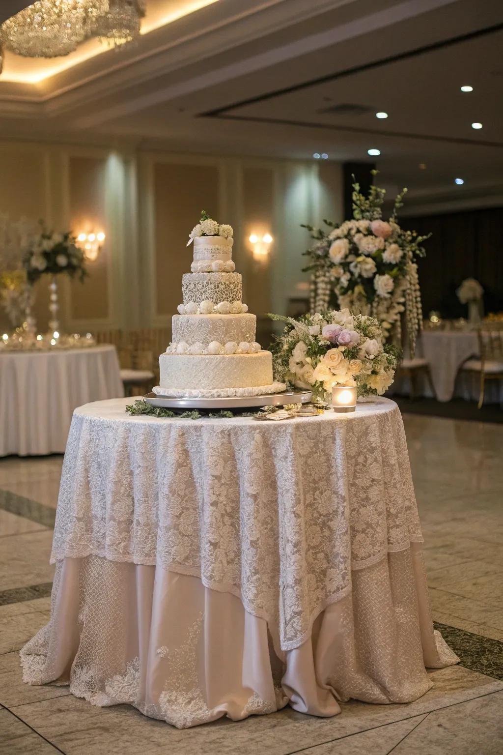 A wedding cake displayed atop a table graced with elegant lace linens.