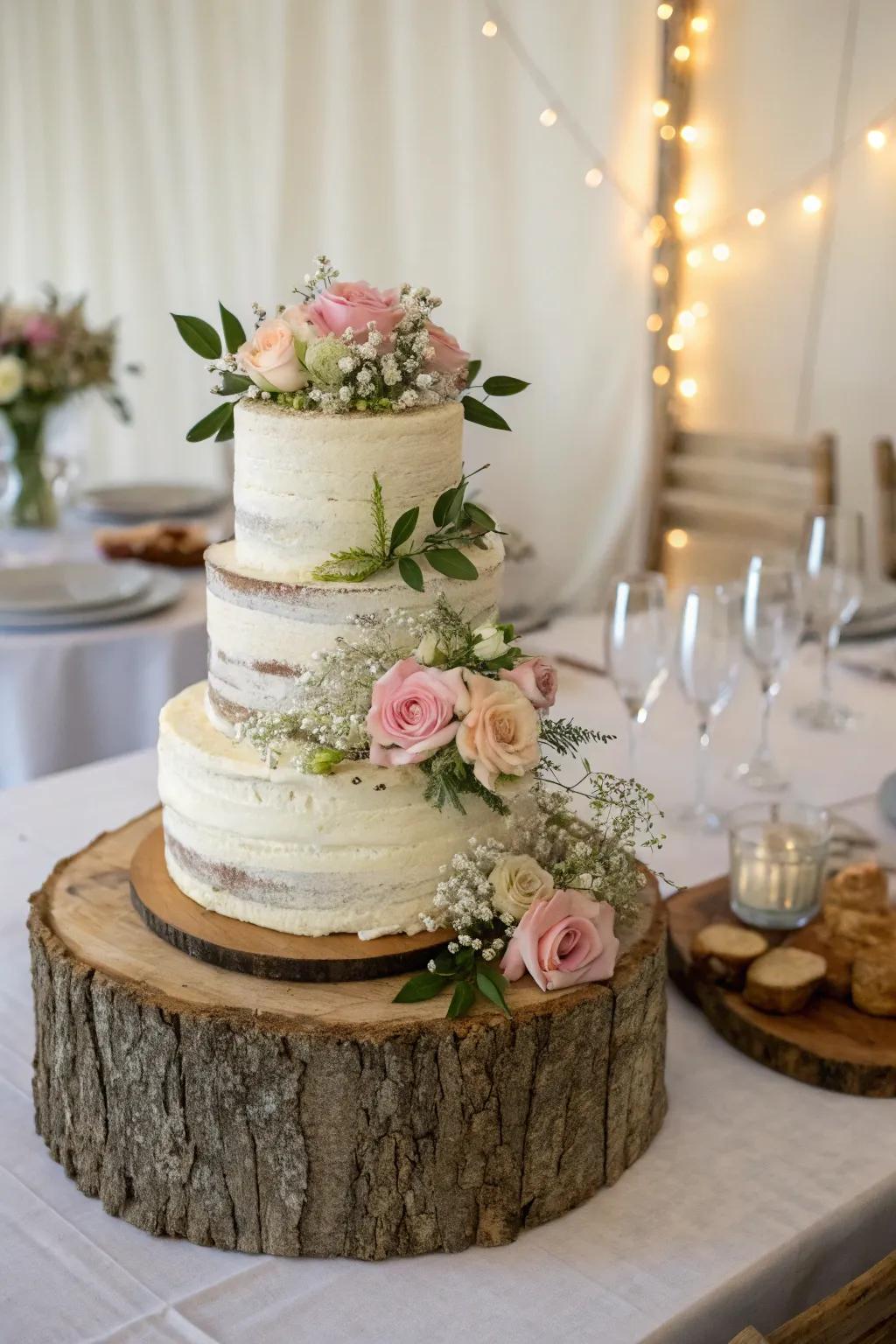 Countryside charm achieved through timber elements enhancing the cake display.