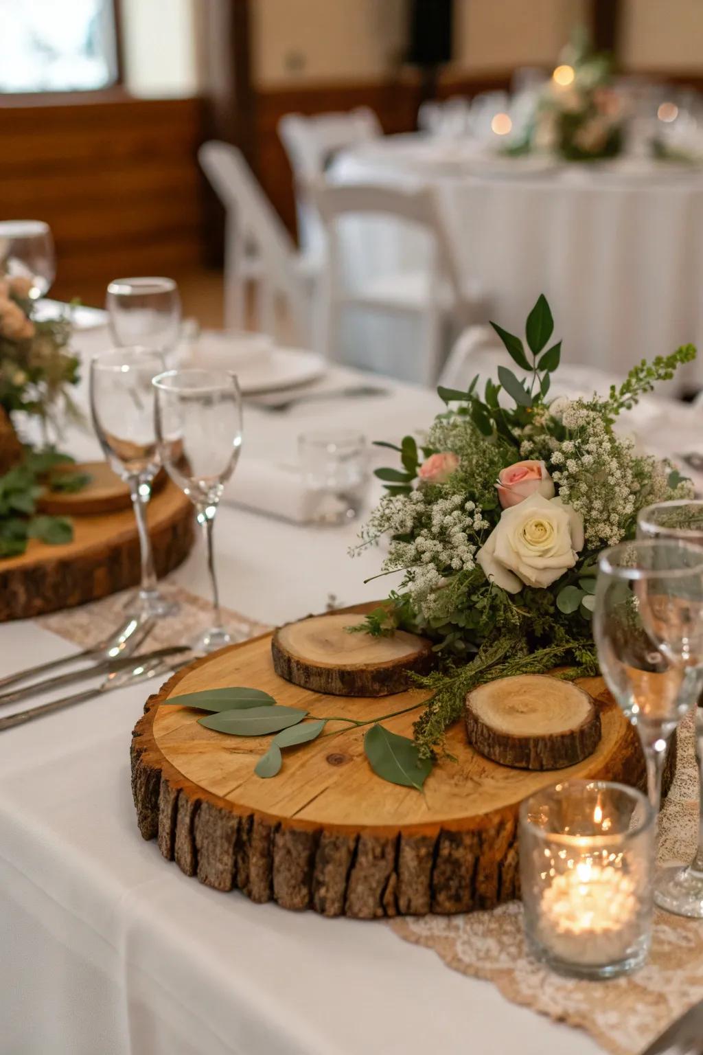 Earthy timber segments contribute allure to a wedding table centerpiece.