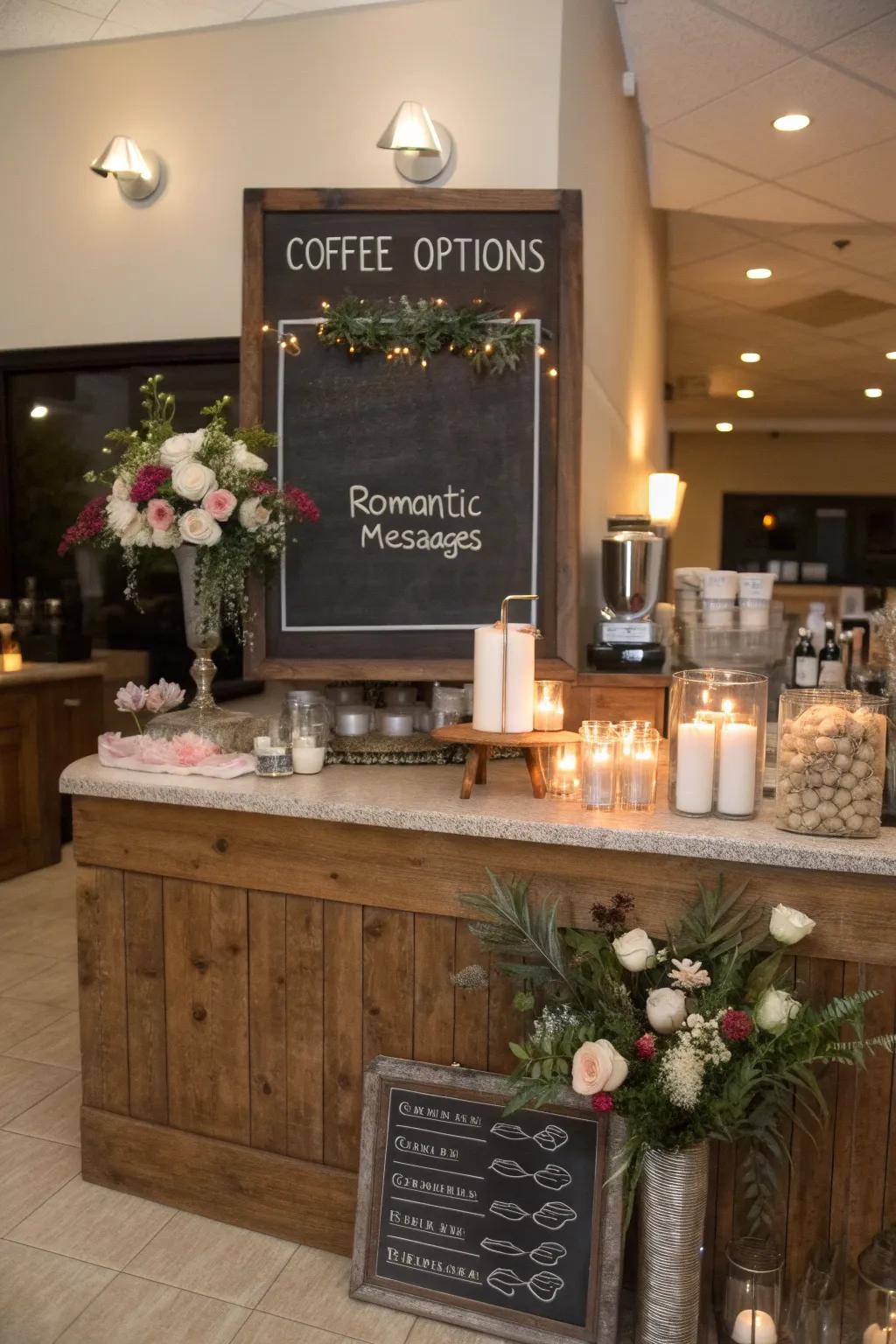 A bespoke slate-style notice gracing a wedding coffee spot.
