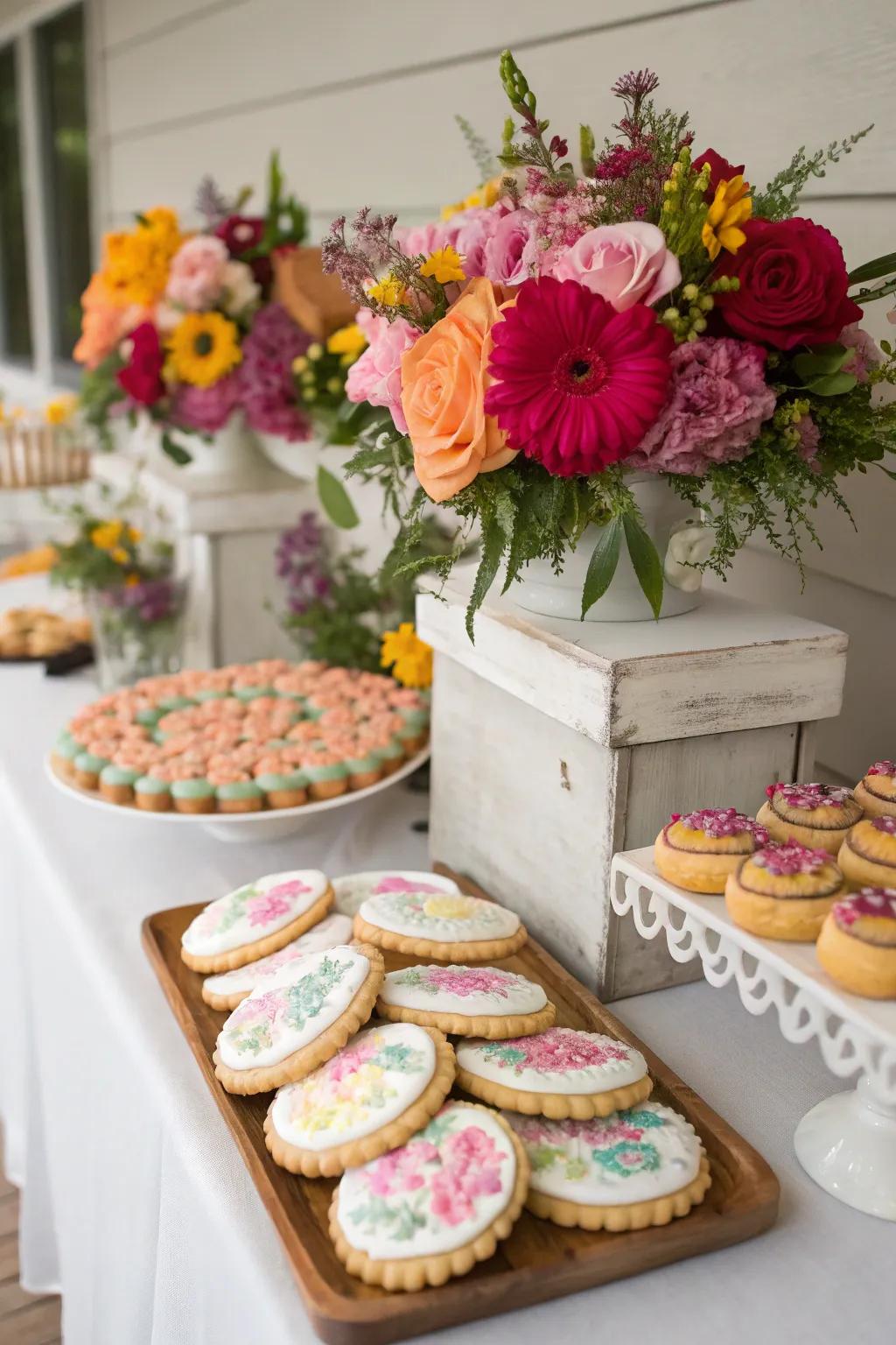 Botanical arrangements contribute a whimsical hint to a wedding cookie display.