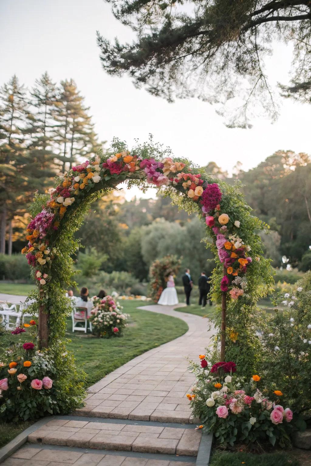 An enchanting floral arch presented in an outdoor setting, offering an exquisite setting for the wedding.