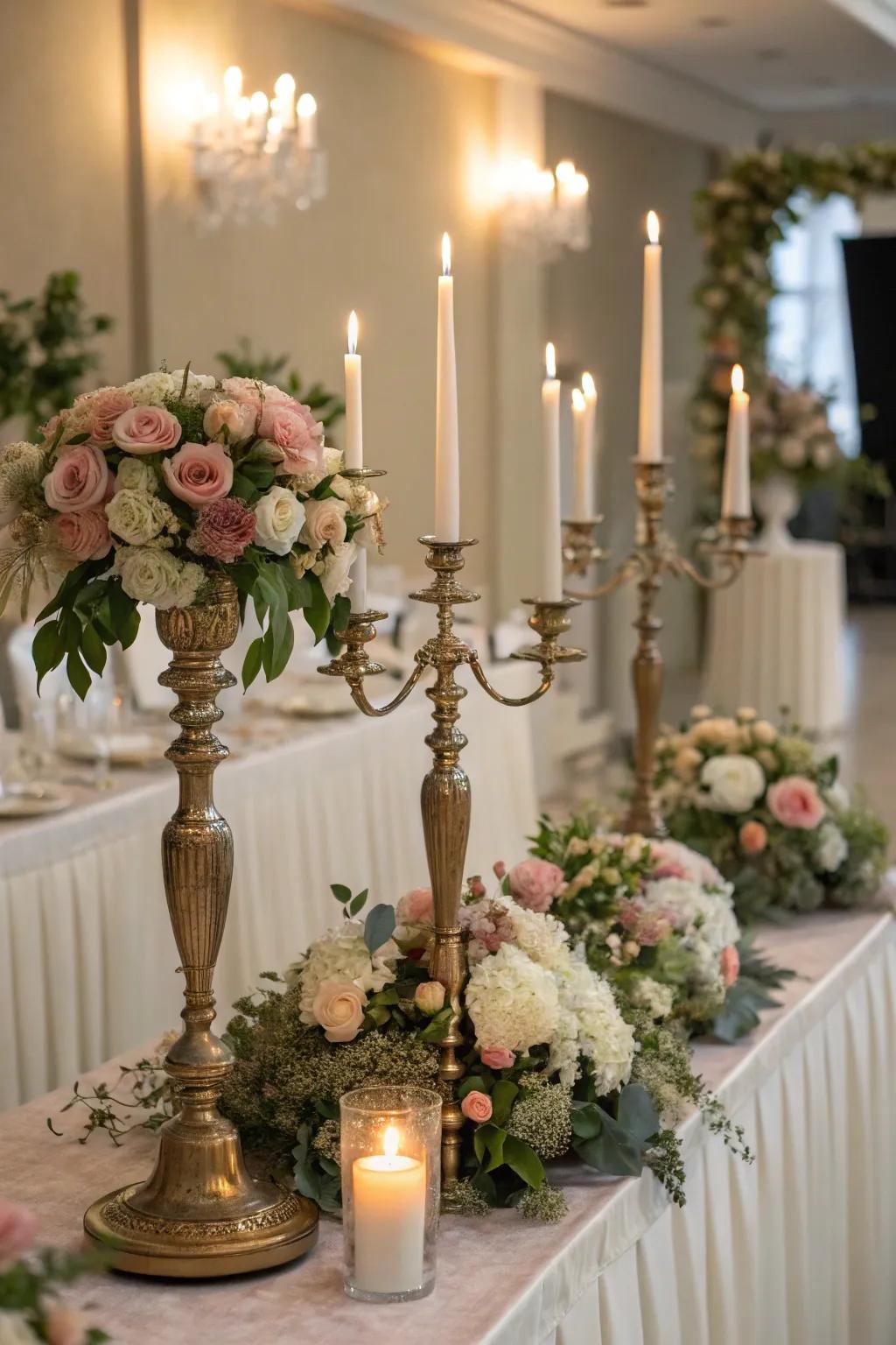 Antique light stands augmenting the sophistication of the decorations.