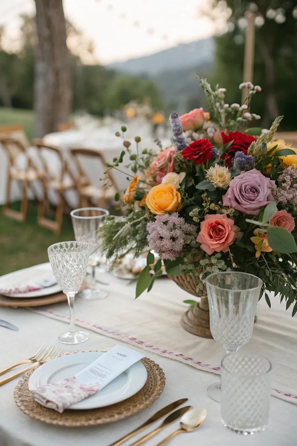 A vibrant botanical showcase breathing life into the wedding table.