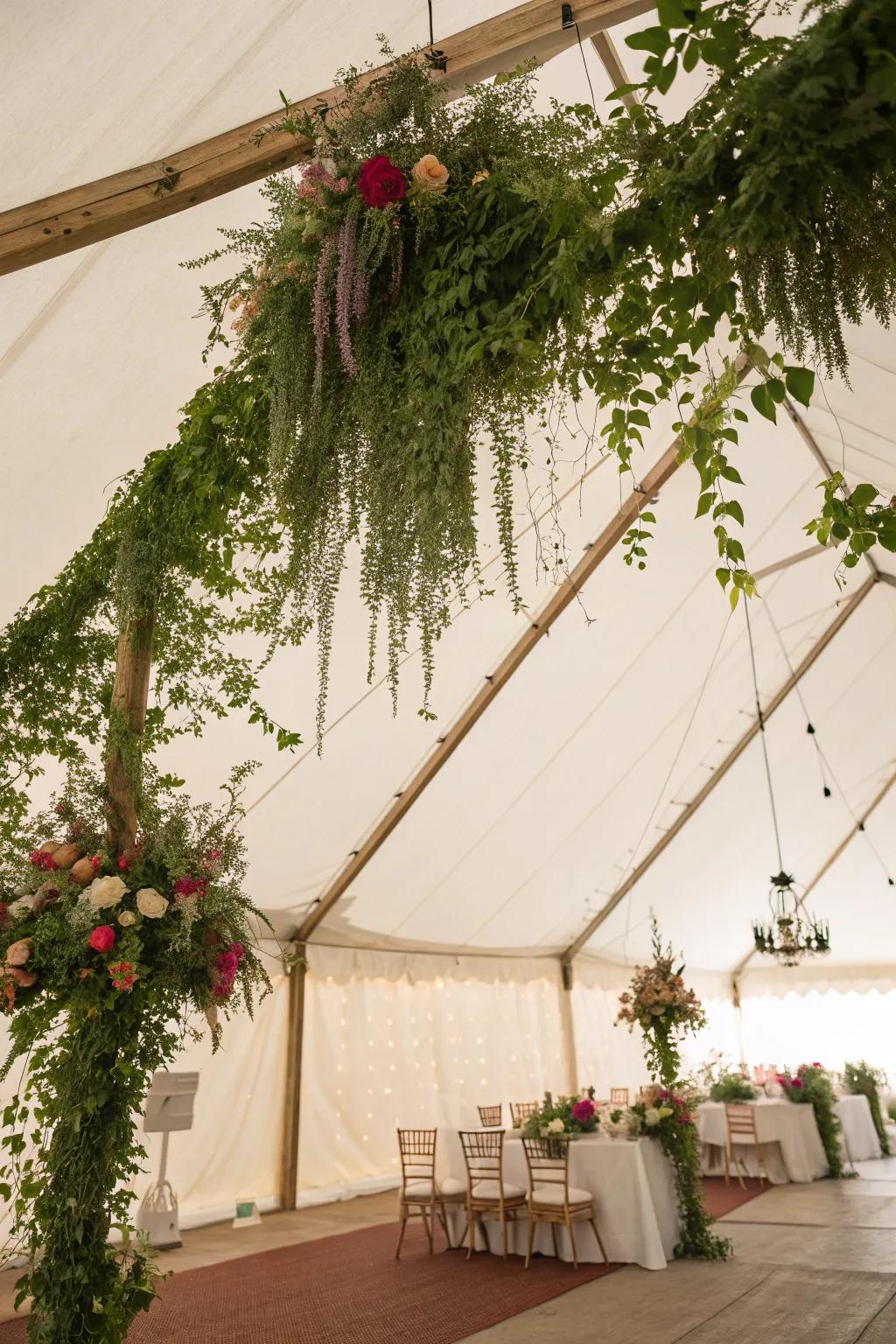 Greenery imparts a natural element to the tent's design.