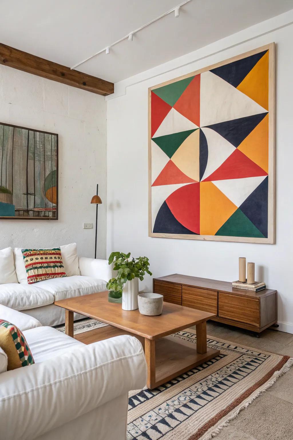 An abstract geometric artwork that introduces contemporary elegance to a minimalist setting.