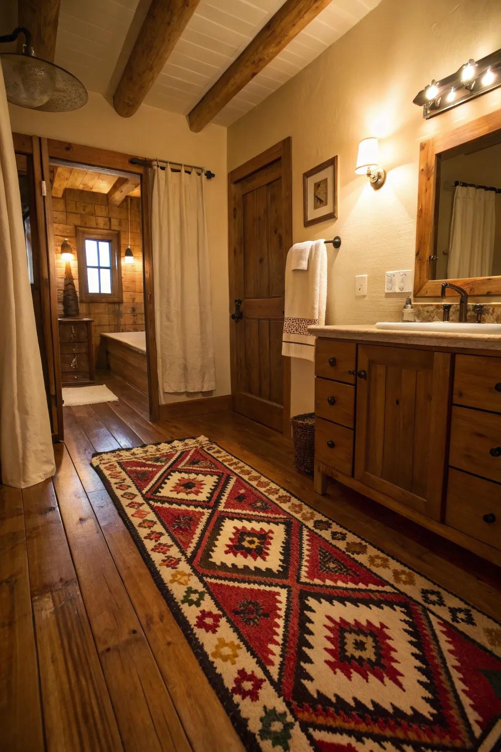 A Southwestern-motif rug infuses cultural panache into this bathroom.