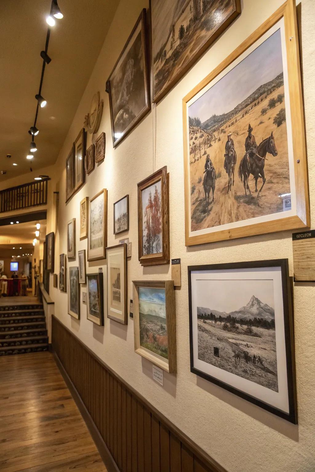 An assortment of Western-themed art pieces in a gallery style.