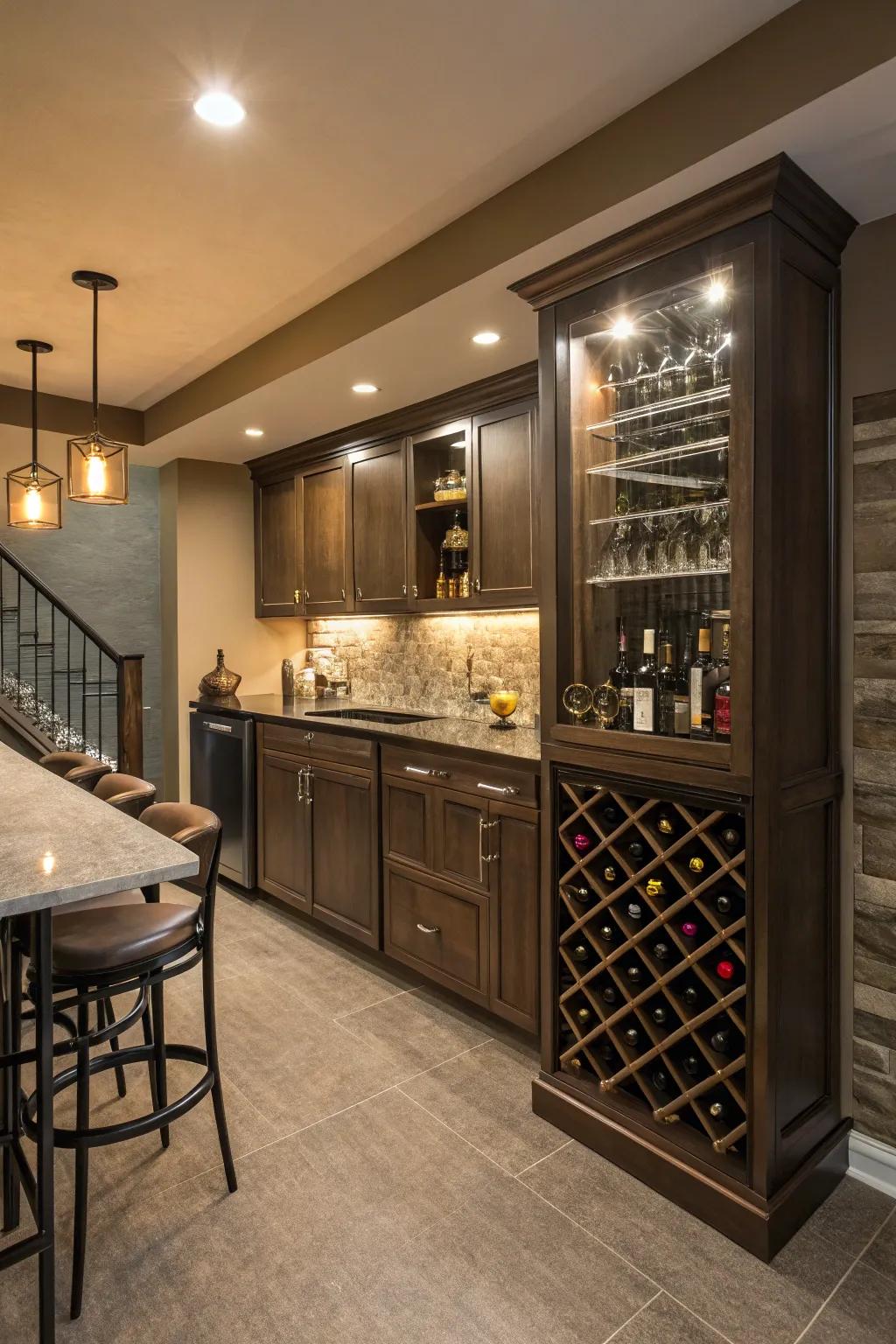 Transform your wet bar with a stunning wine rack wall, blending function with artistry.