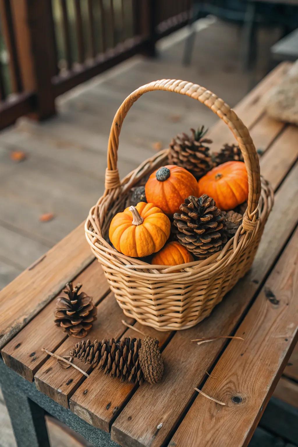 A container holding mini pumpkins and pine cones enhances any aesthetic with an occasional touch.