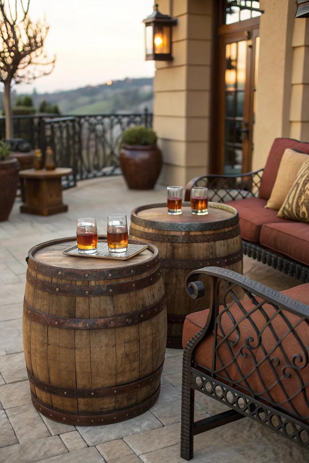 Incorporate the countryside allure to your outdoor area, utilizing ale cask surfaces on your patio, fostering an inviting atmosphere.