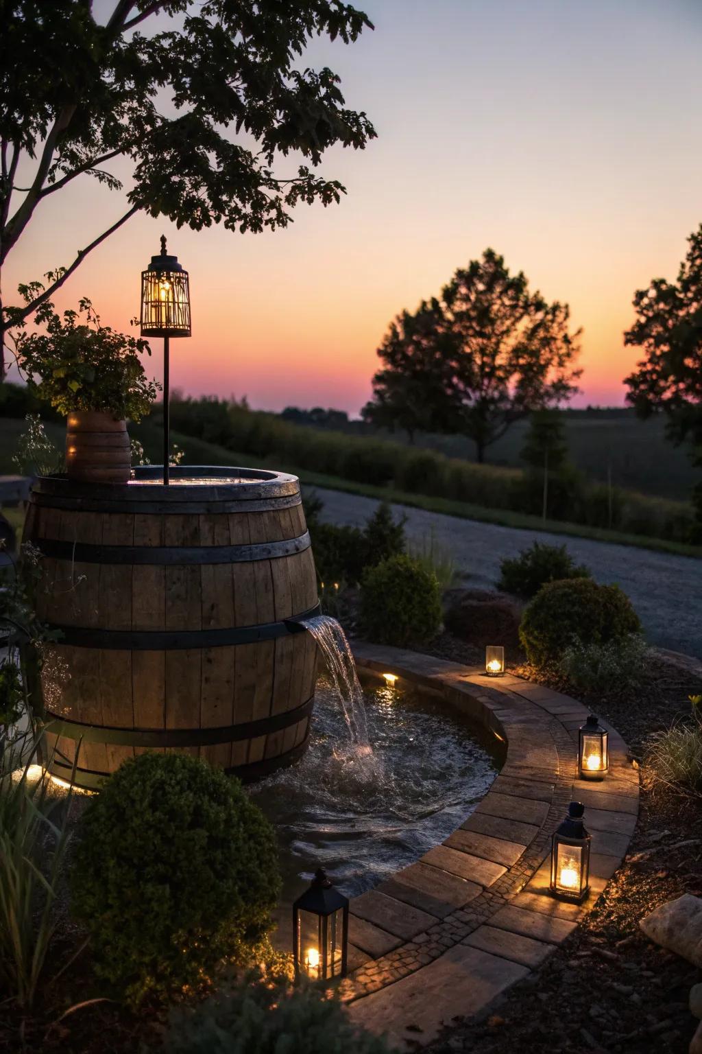 An enchanting cask water display lit with solar lights for a peaceful atmosphere.