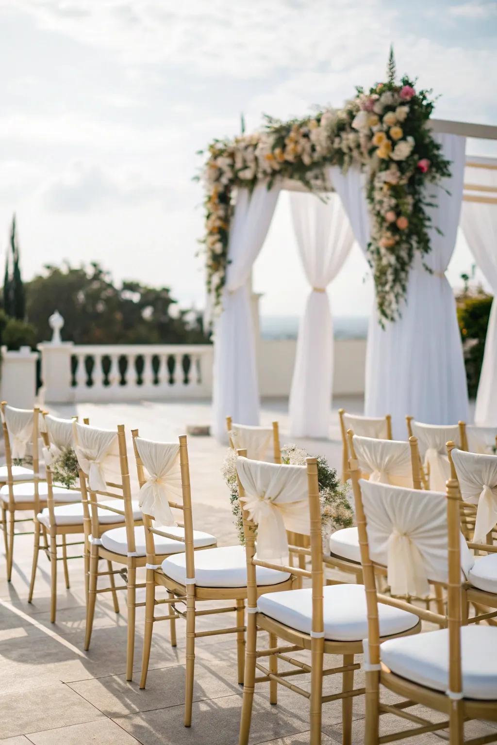 Plush seating featuring white and gold chairs.