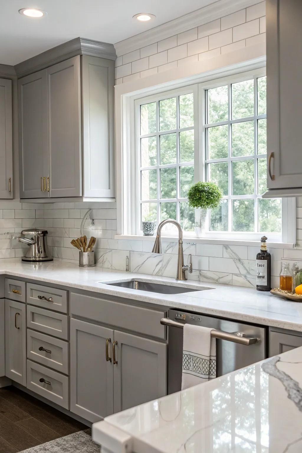 Polished stone worktops give class to the modern kitchen.