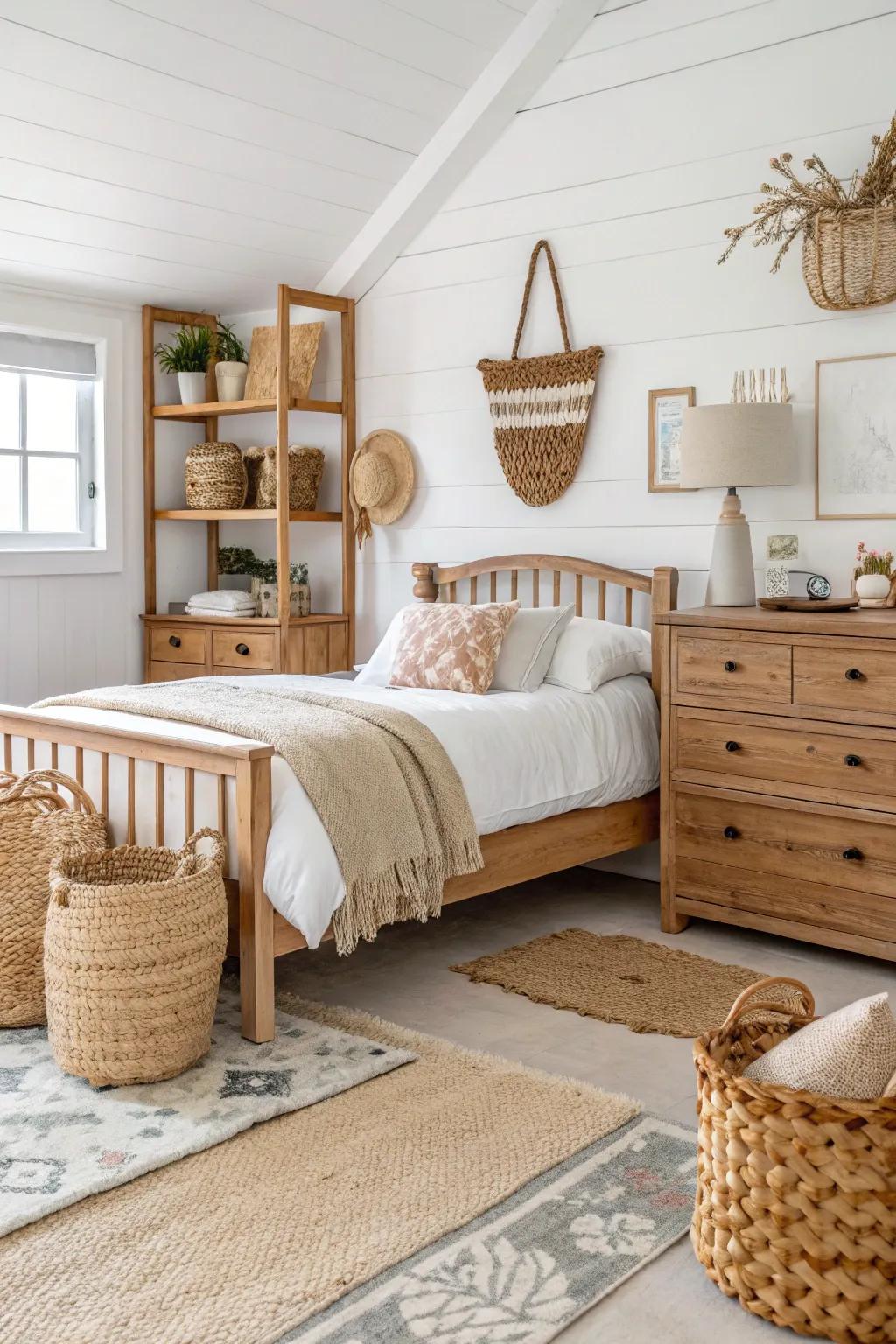 Raw elements such as timber and wicker contribute warmth to a white bedroom.