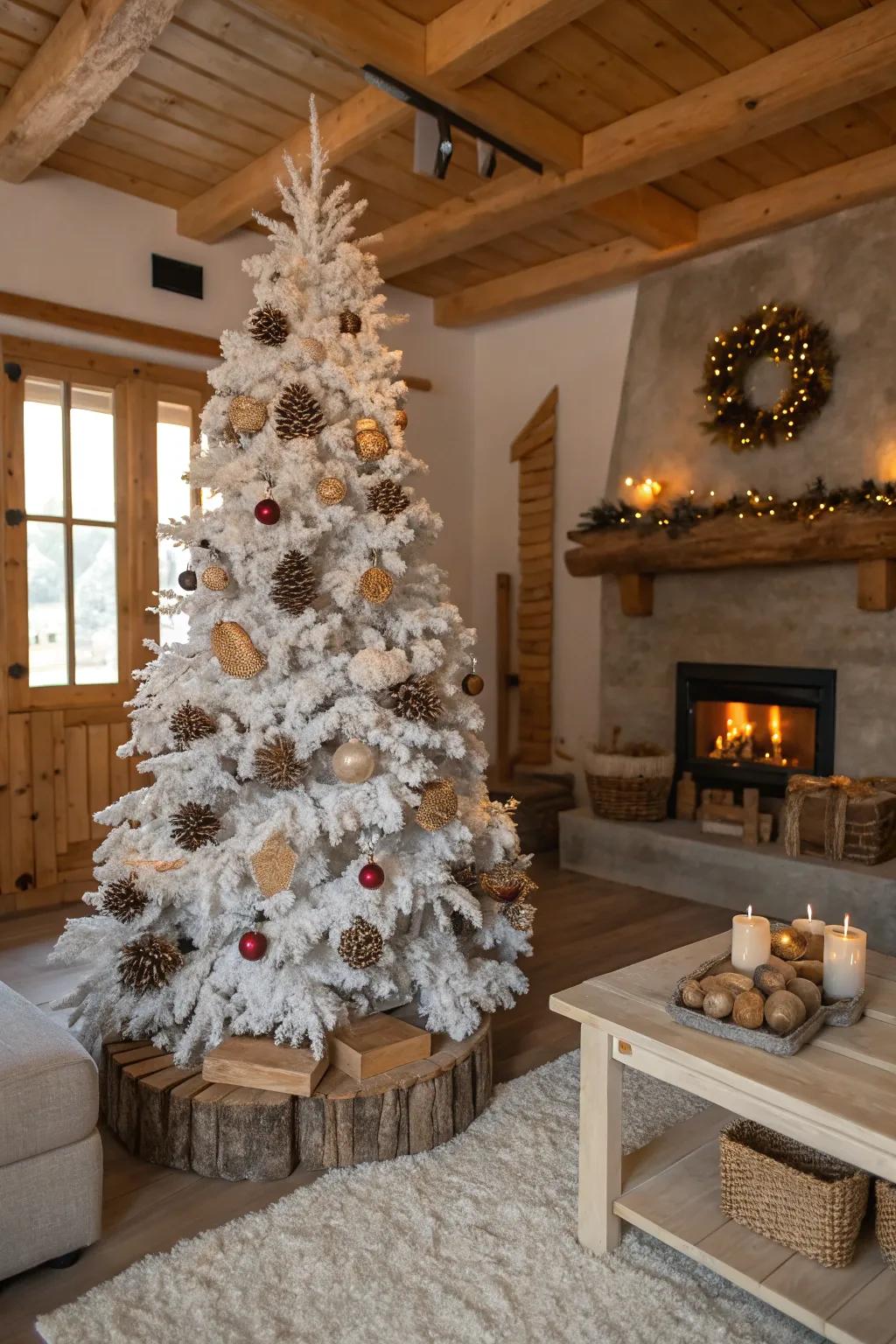 Down-to-earth organic charm graces a white Christmas tree.