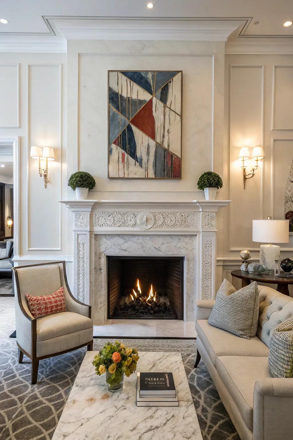 A white firebox enhanced by an engaging piece of modern art.
