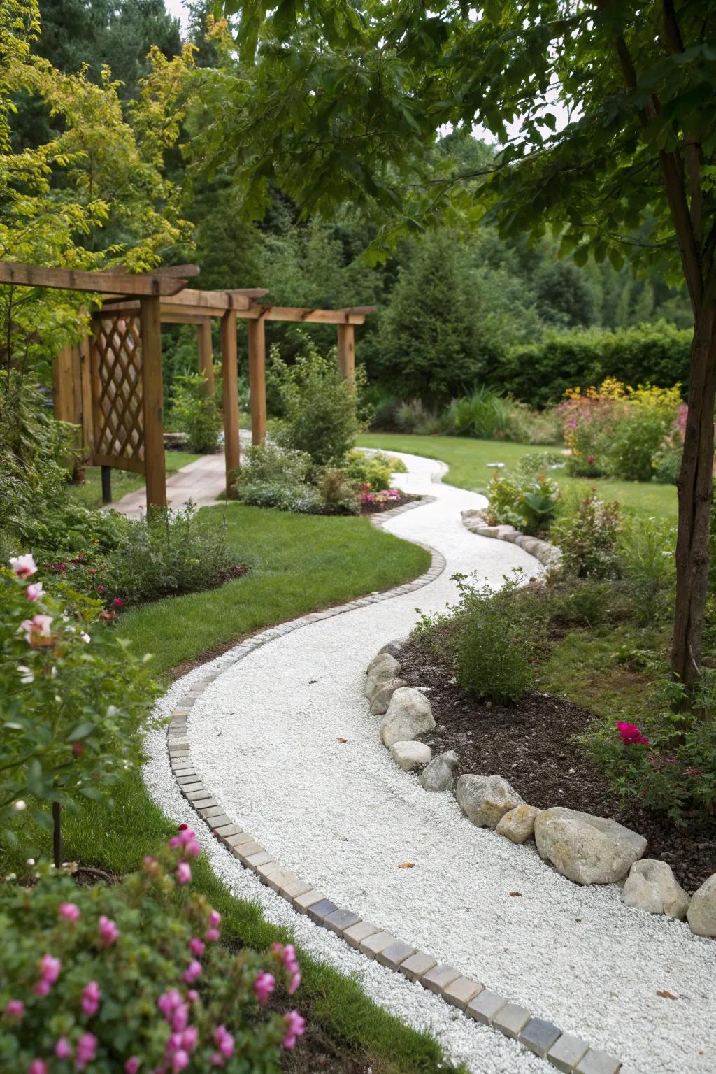 Pathways lined with white gravel evoke a charming cottage-style atmosphere.