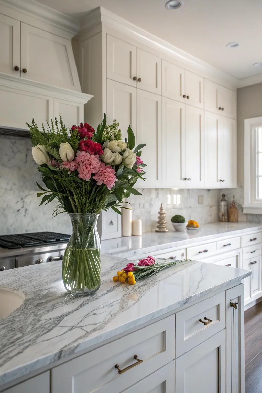 Granite worktops amplify the elegance of white cabinets.