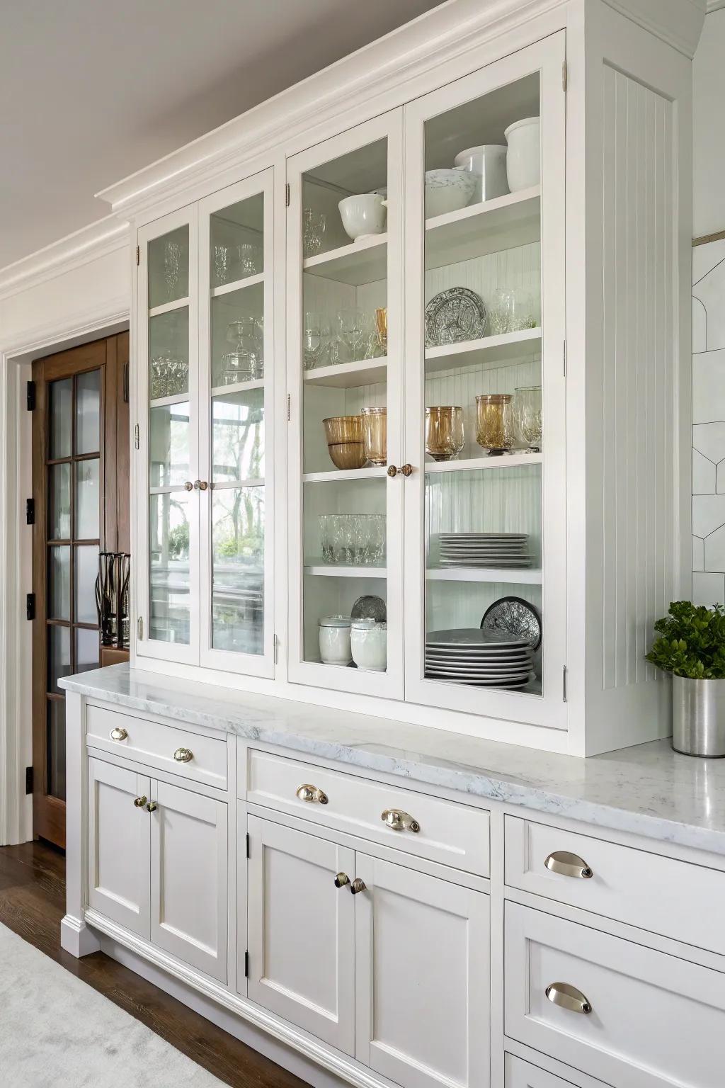 Minimalist cabinets with glass fronts present a classic appearance.