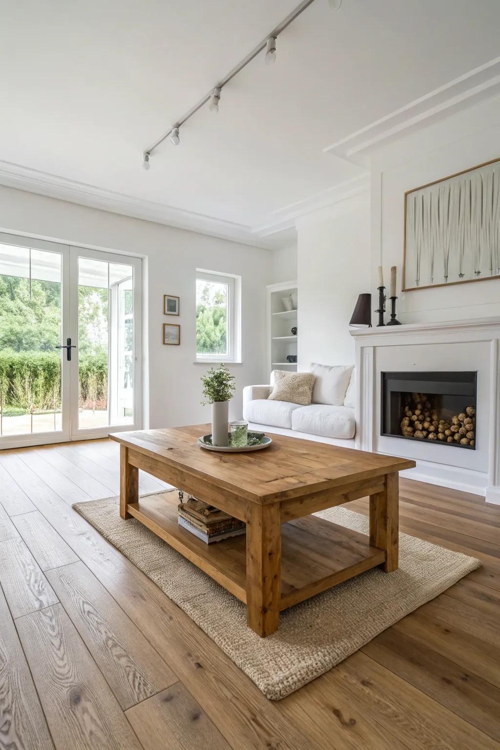 Wooden features contribute a hint of the outdoors to a white space.