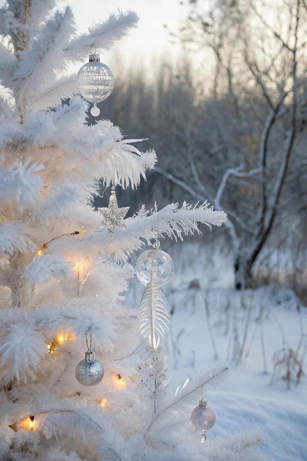 A white pencil tree styled as an icy kingdom with plumes and glass baubles.