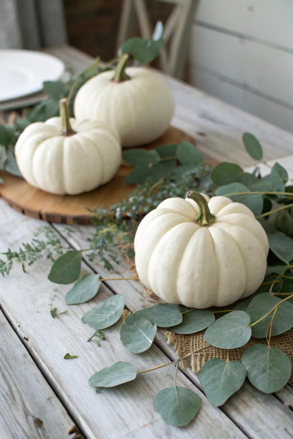 Greenery paired with white pumpkins for a natural ambiance.