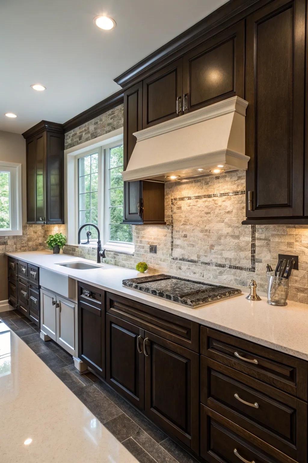 Dramatic contrast created by the shadowed mineral backsplash situated in the kitchen.