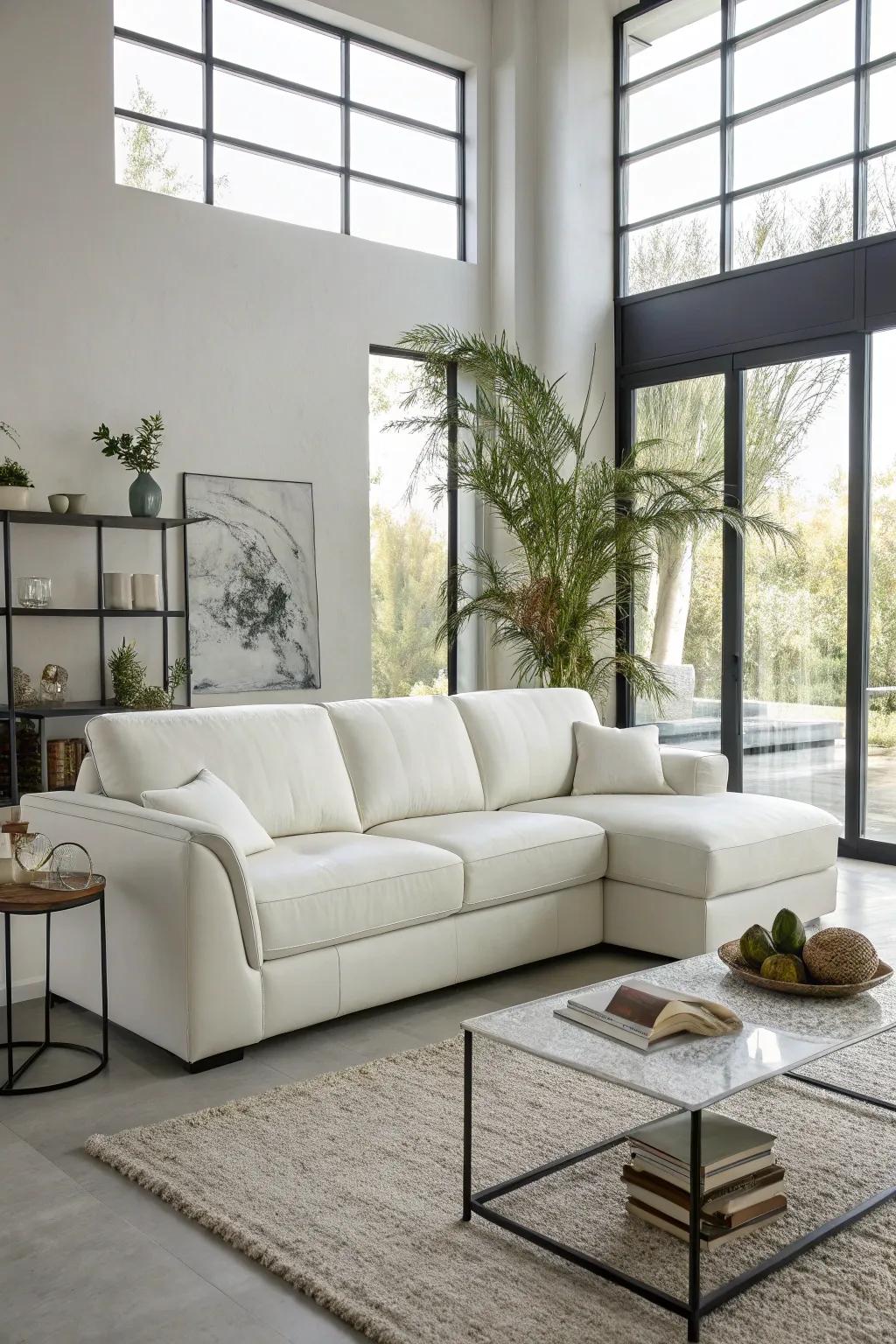 A streamlined modern design featuring a white sectional.