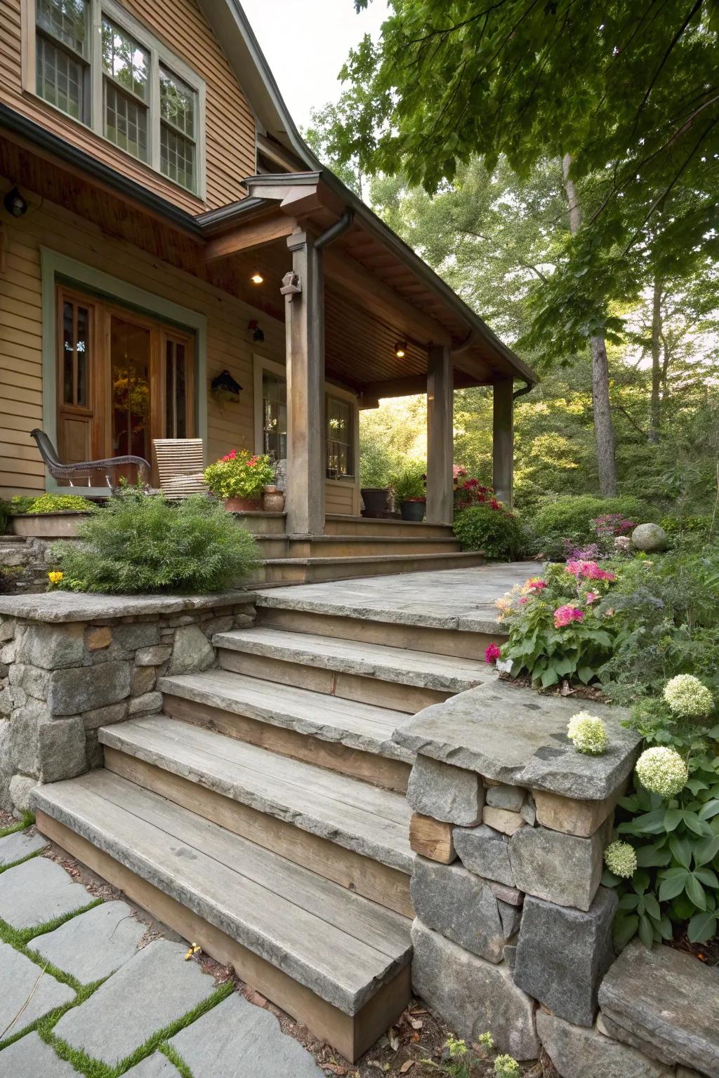 Combining materials adds a distinct texture to steps.