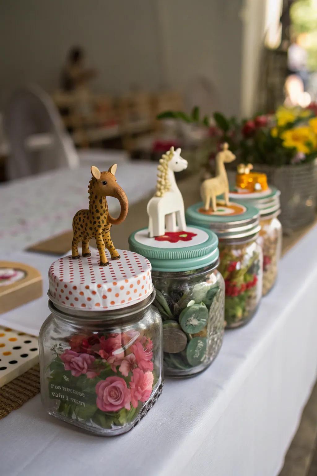 Sealing jars embellished with captivating creature figurines.
