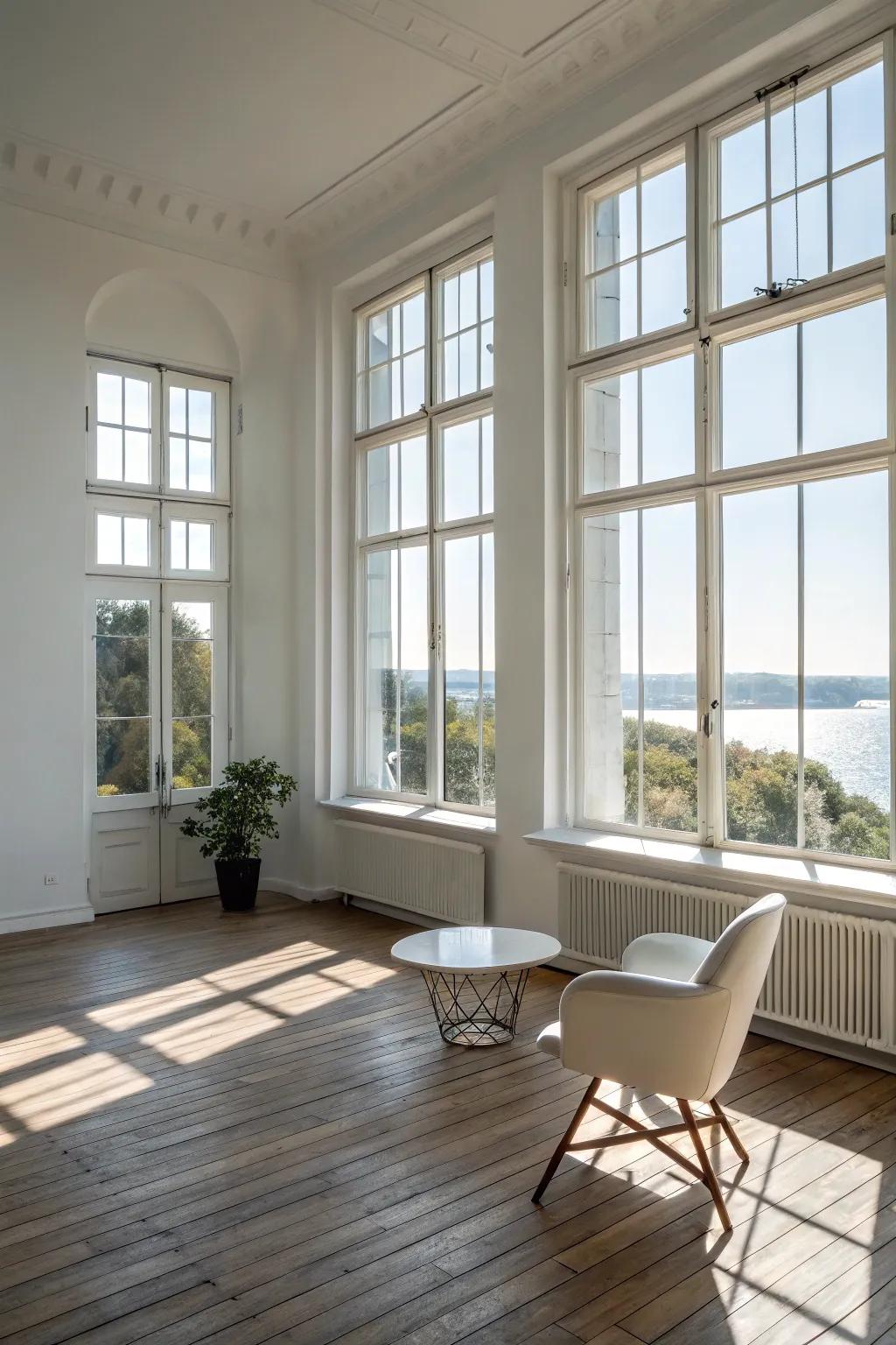 A room bathed in sunlight streaming through expansive windows.