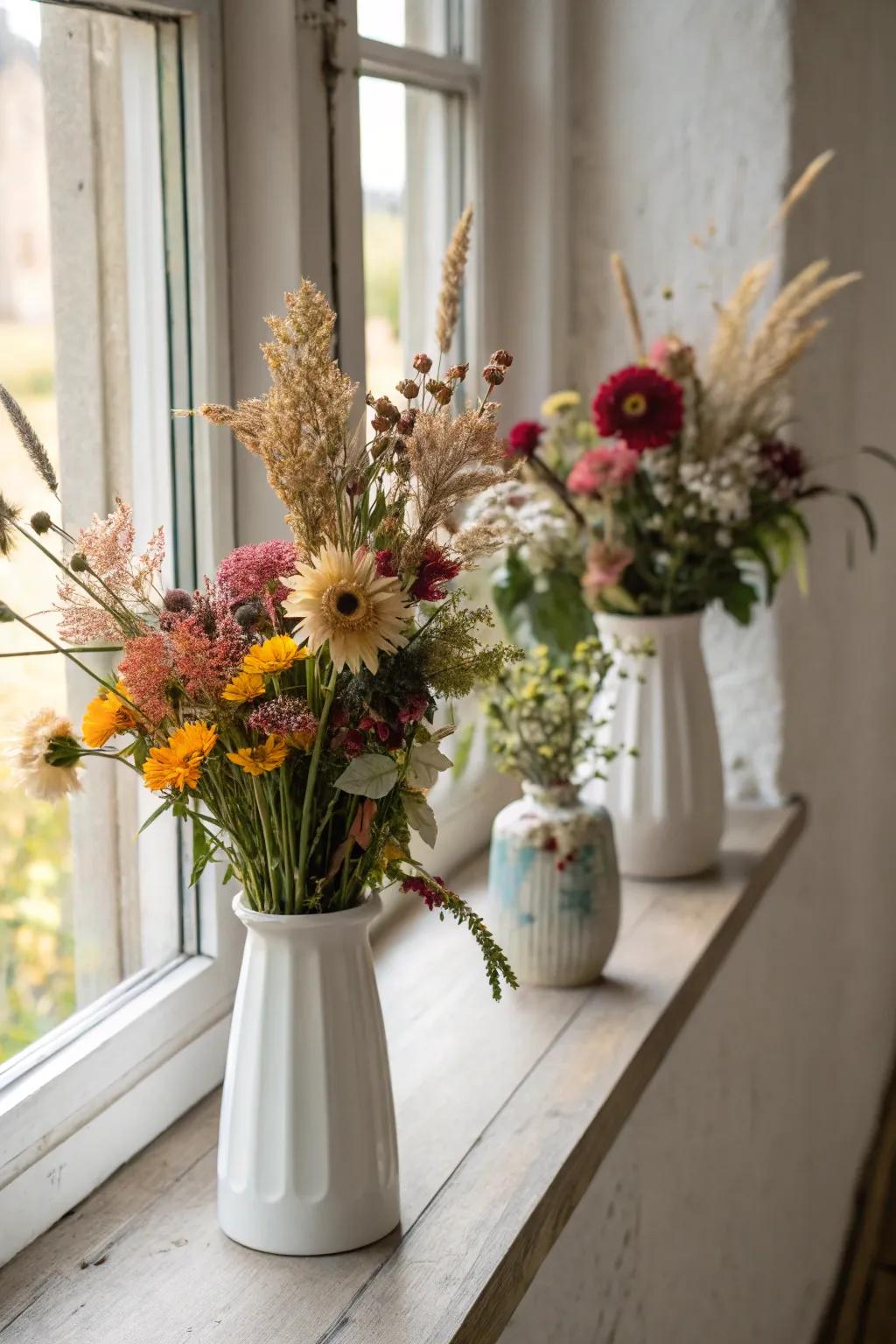 Vases showcasing fresh and dried flowers, bringing an elegant touch to a window sill.