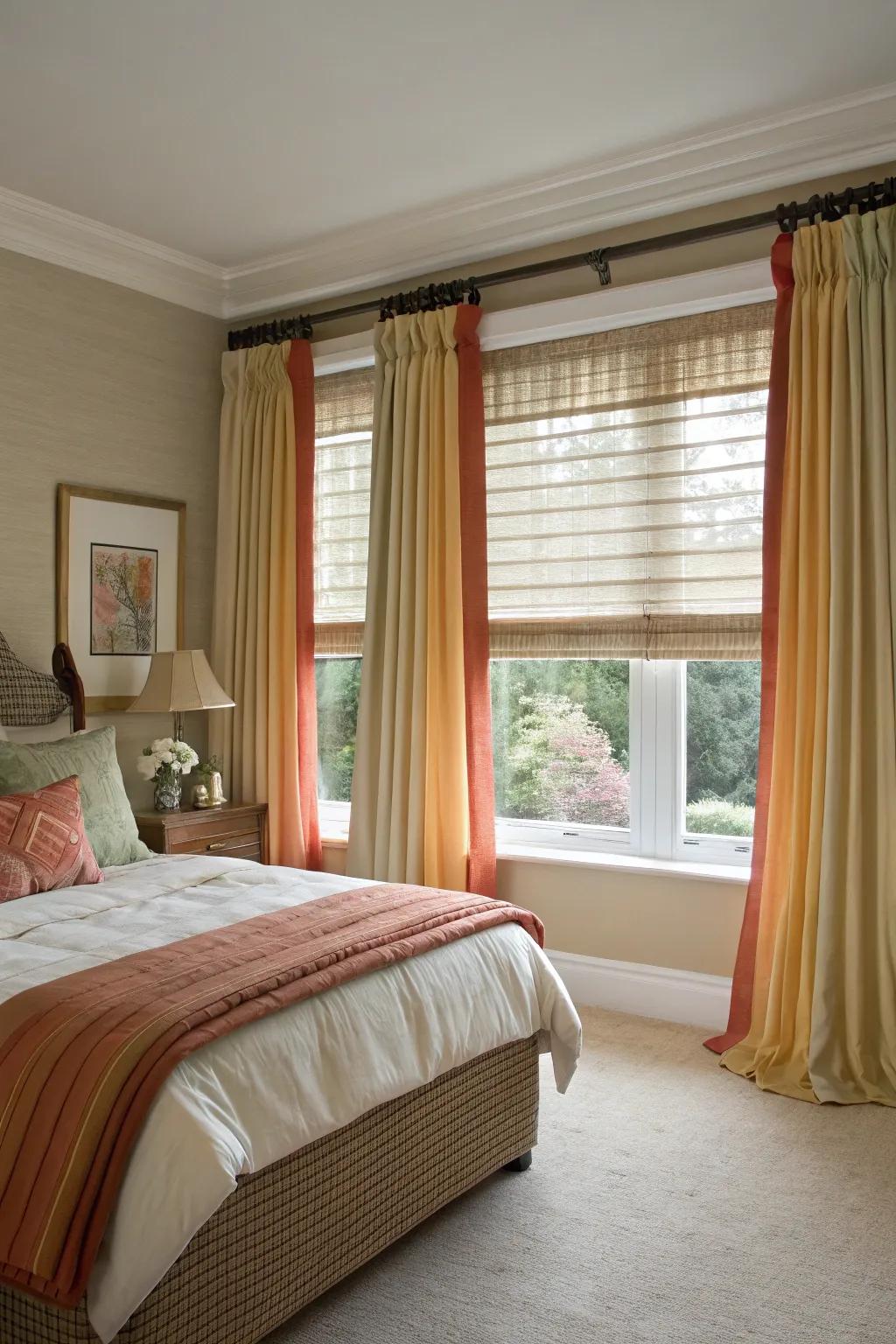 Layered curtains and blinds create depth and control natural lighting.