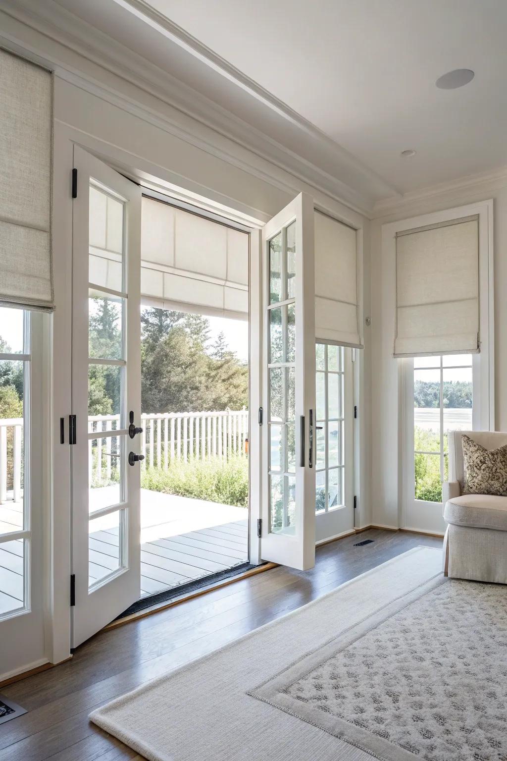 Sun screens provide a streamlined, modern look for French doors.