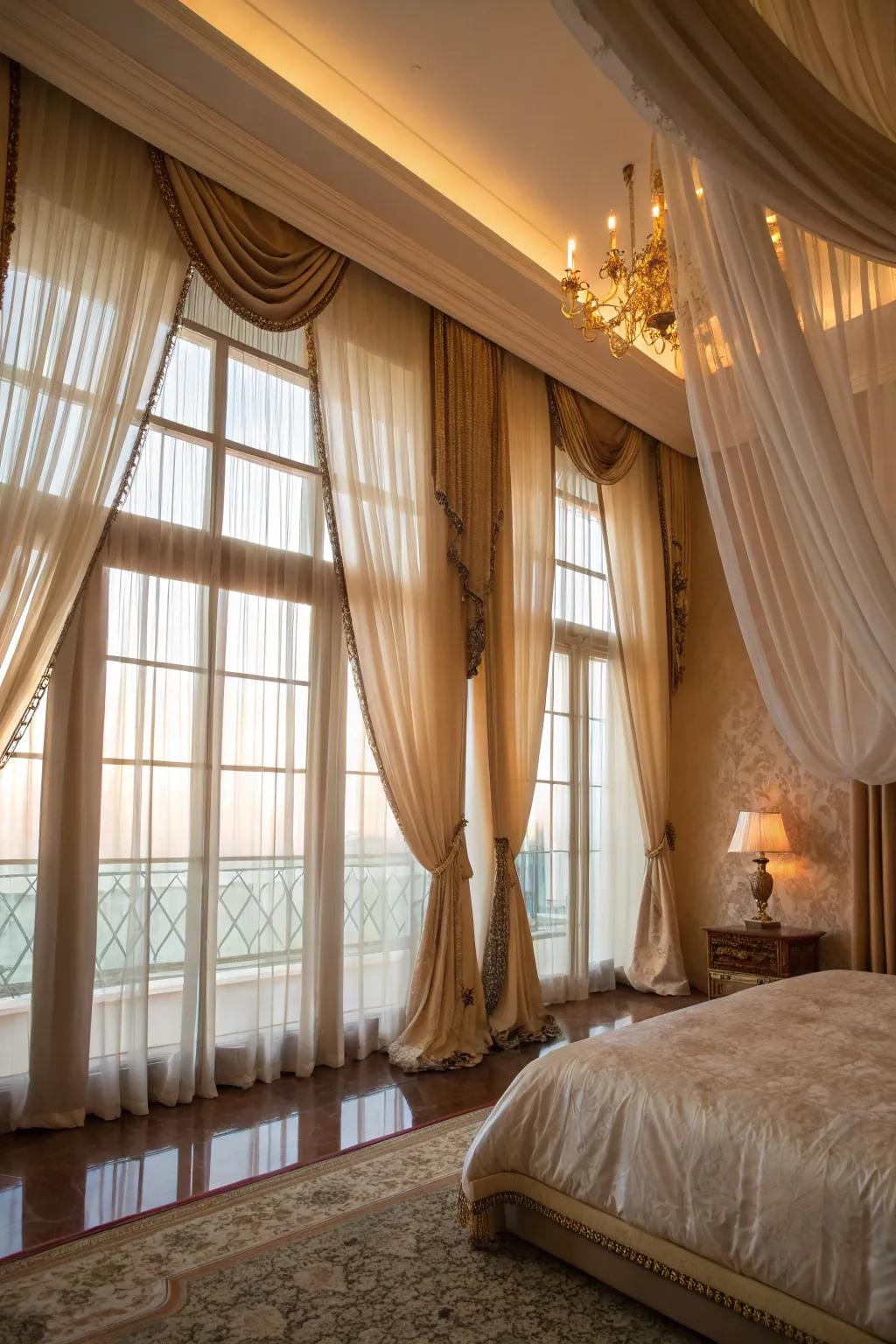 Layered coverings provide flexible options, merging brightness with privacy effectively.