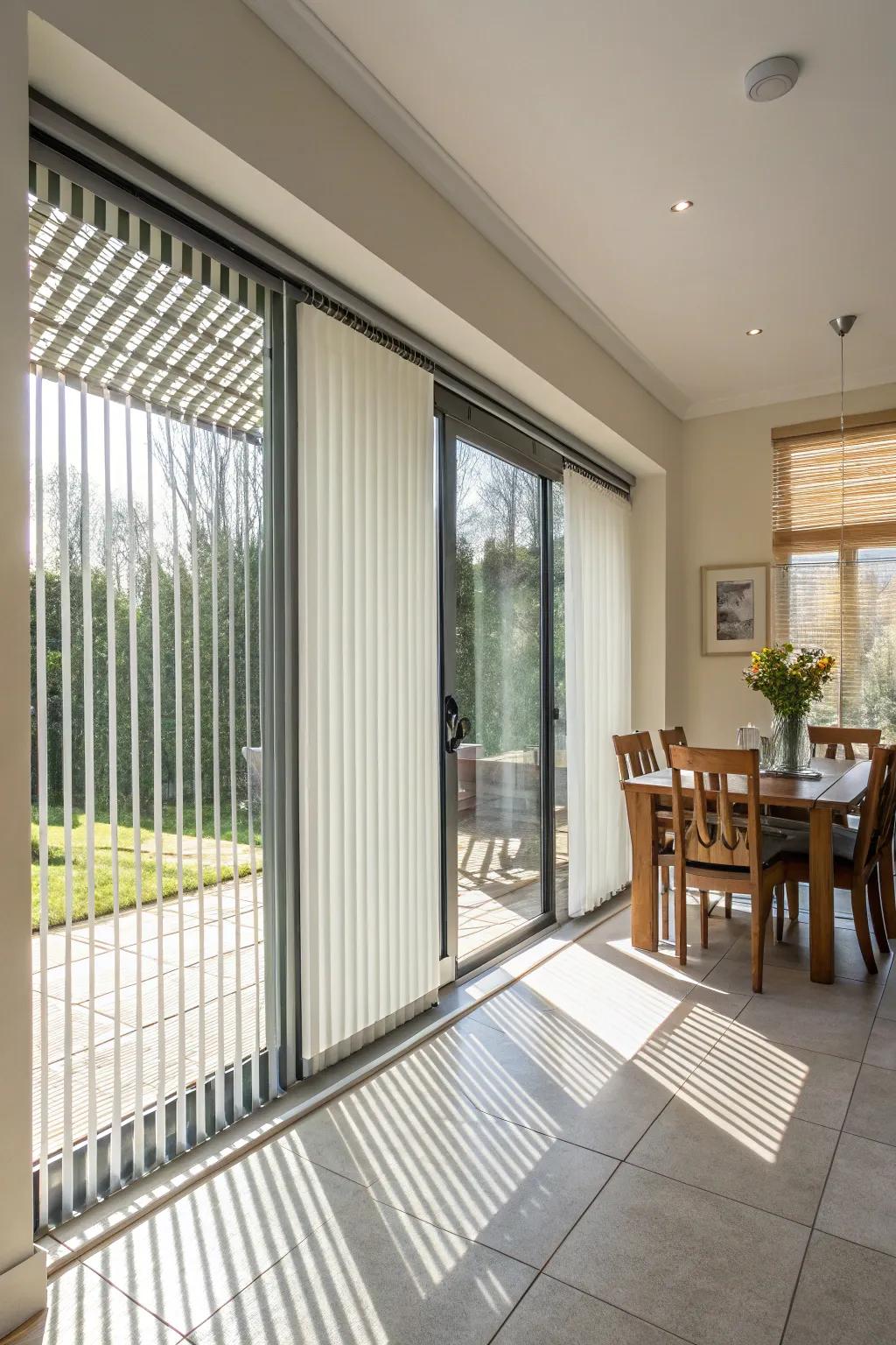Vertical window blinds provide practical light control in a dining space.