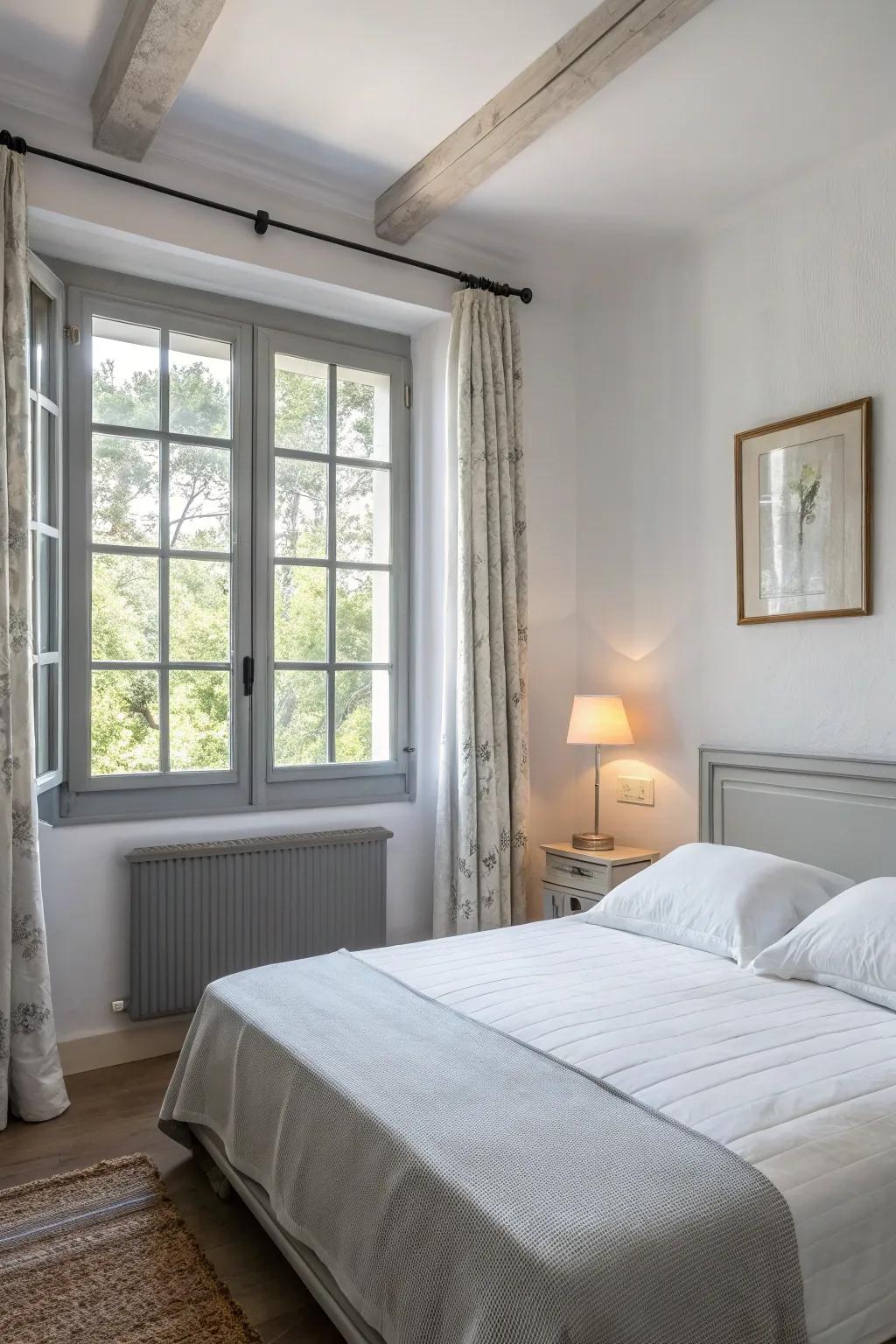 Light gray trim creates a peaceful setting in a bedroom.