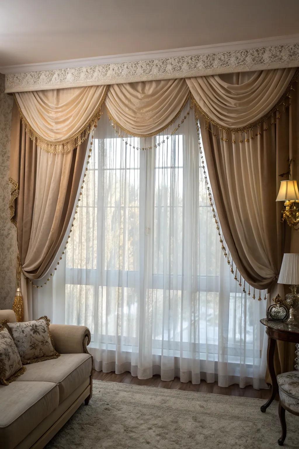 Layered valances with sheer curtains for a luxurious ambiance.