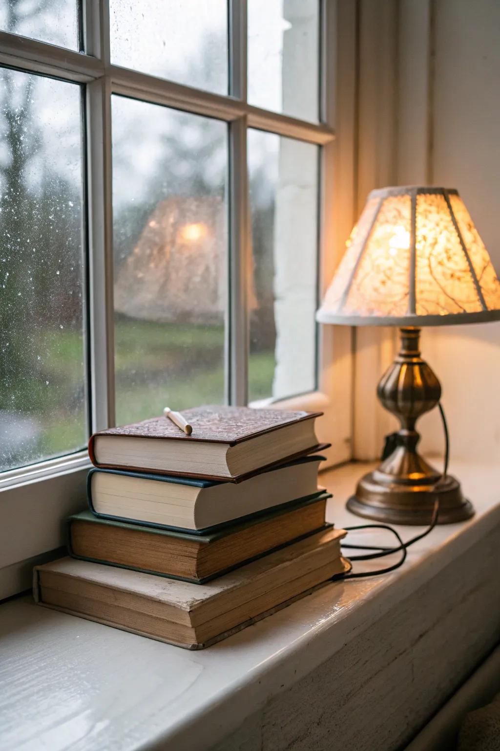 Literary works on the windowsill encourage leisure and thought.