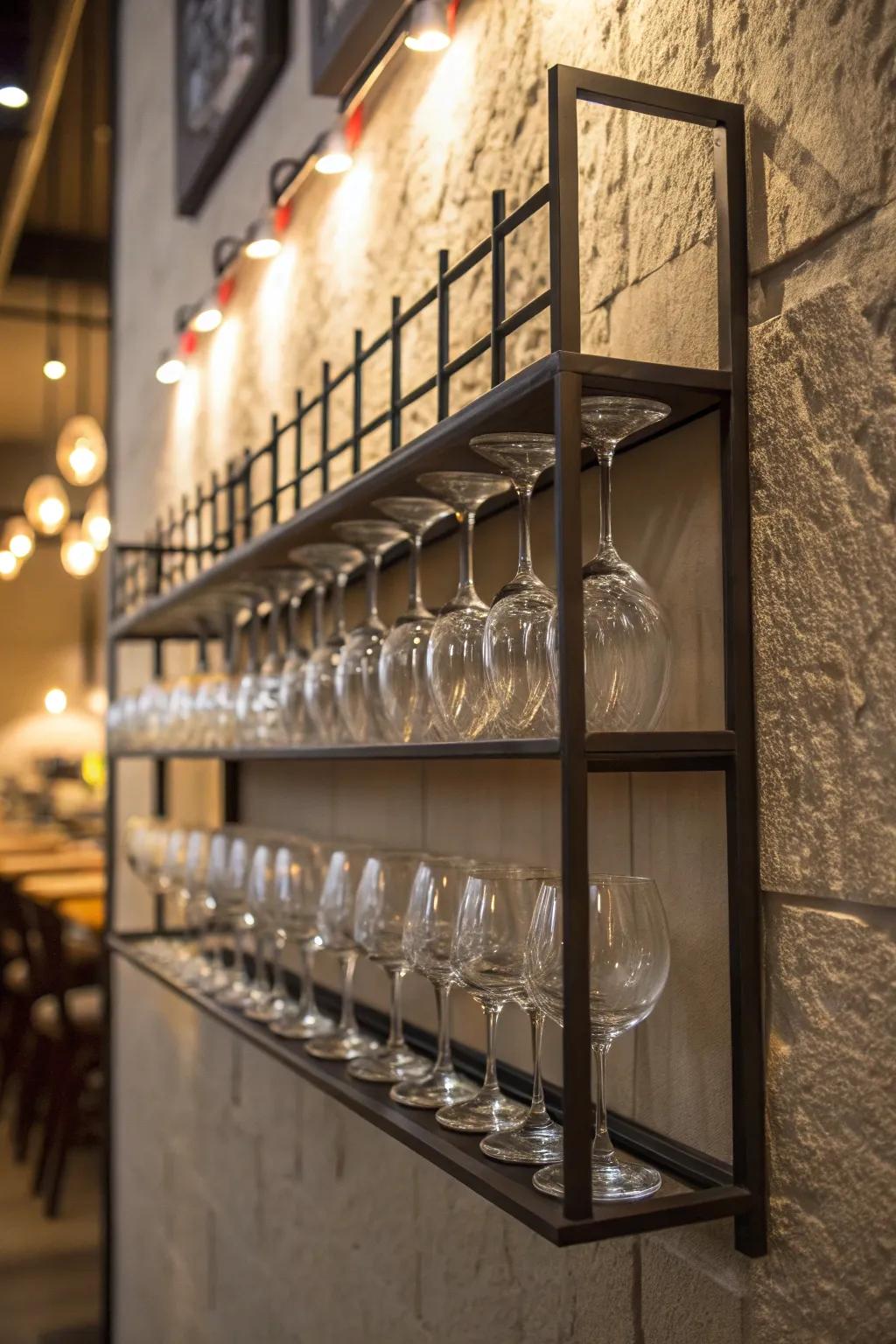 A wall-mounted rack presenting wine glasses as a piece of wall art.