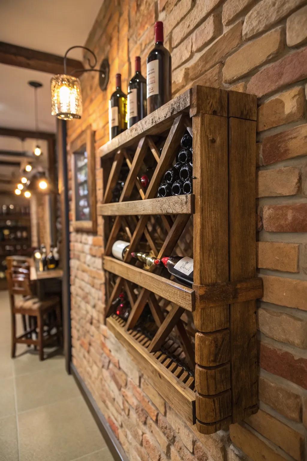 A rustic wooden wine rack adding warmth to the room.