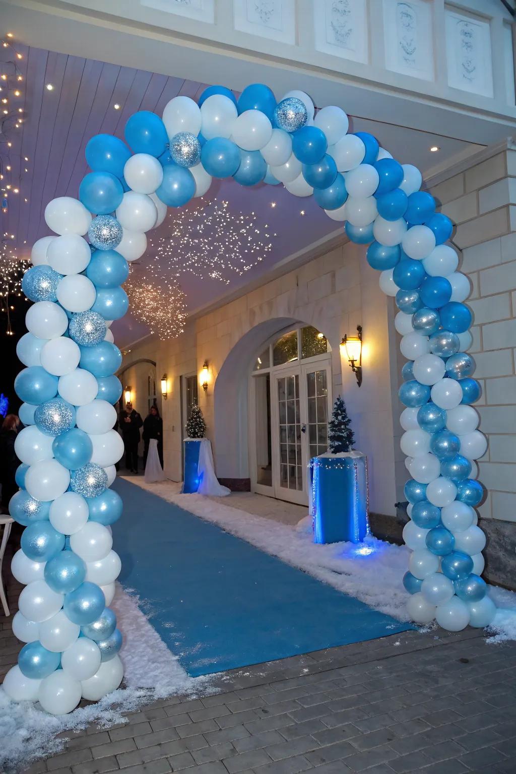 A balloon archway greets invitees into a wintry dreamland.