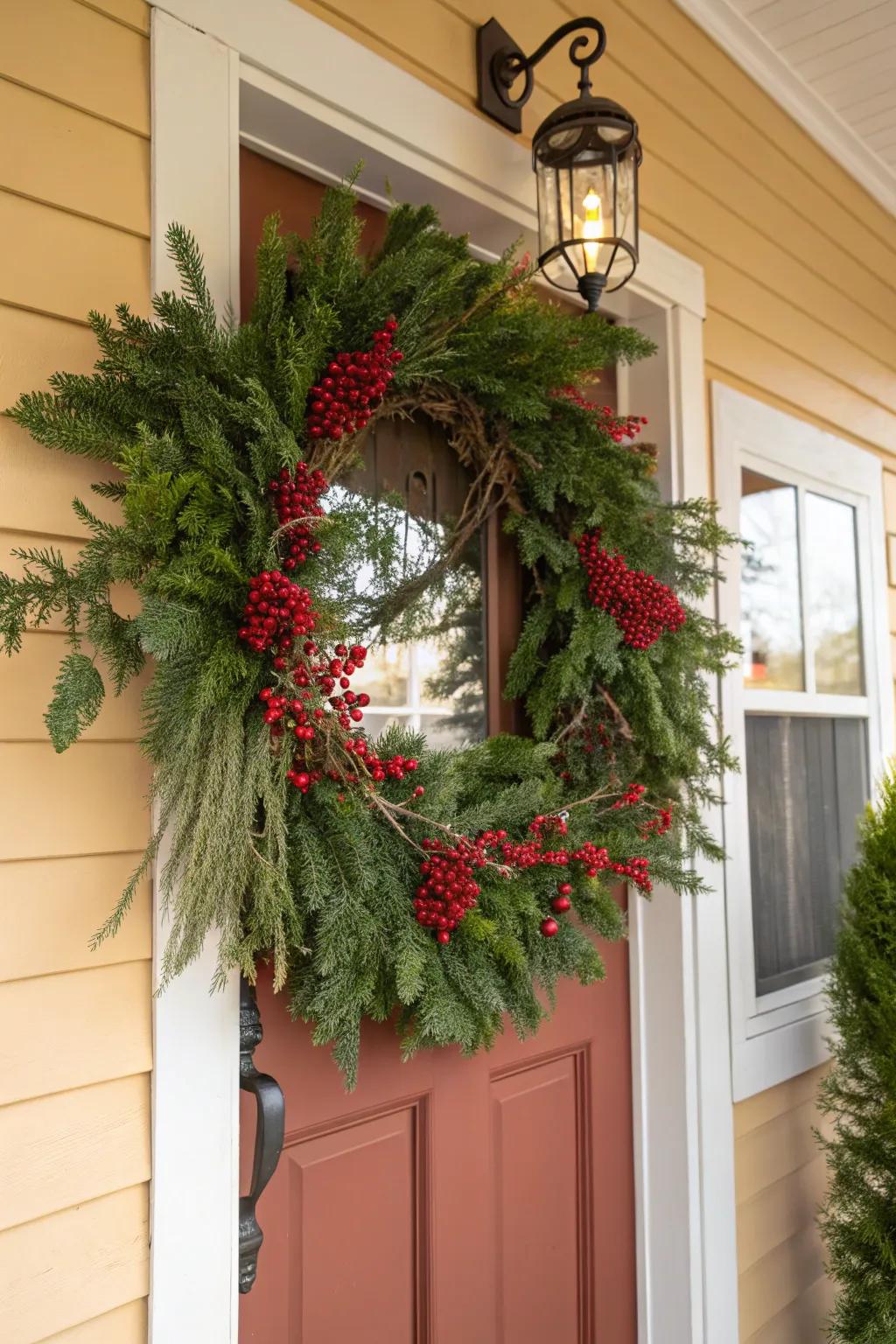 A welcoming greenery ring with red berries boosts the entryway.