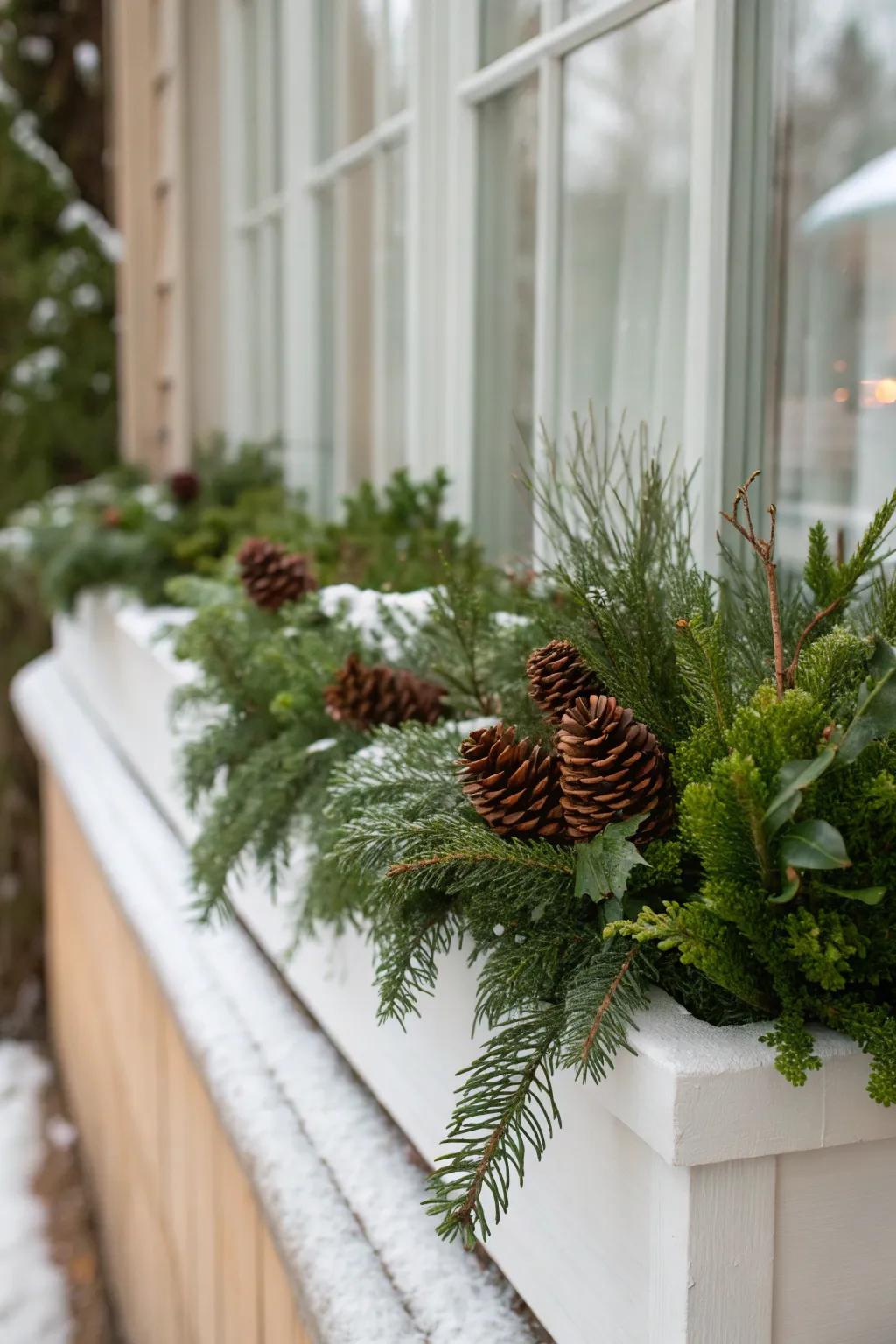 Pinecones nestled among evergreens give this window box a rustic and inviting look.