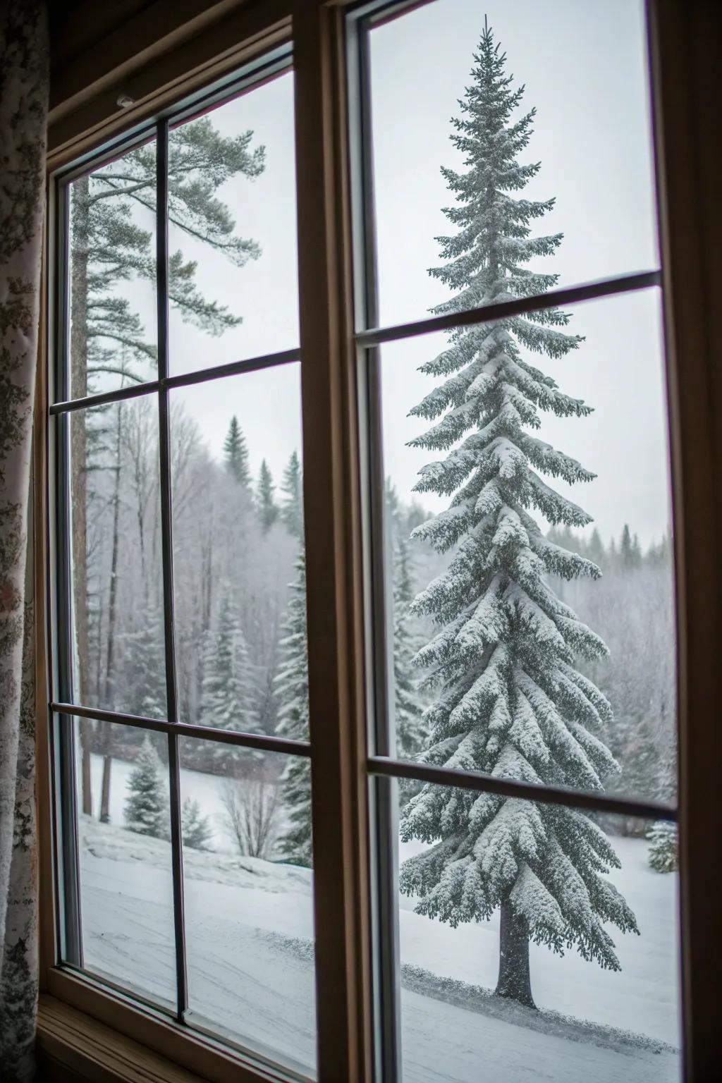 A winter wonderland forest offers a peaceful view.