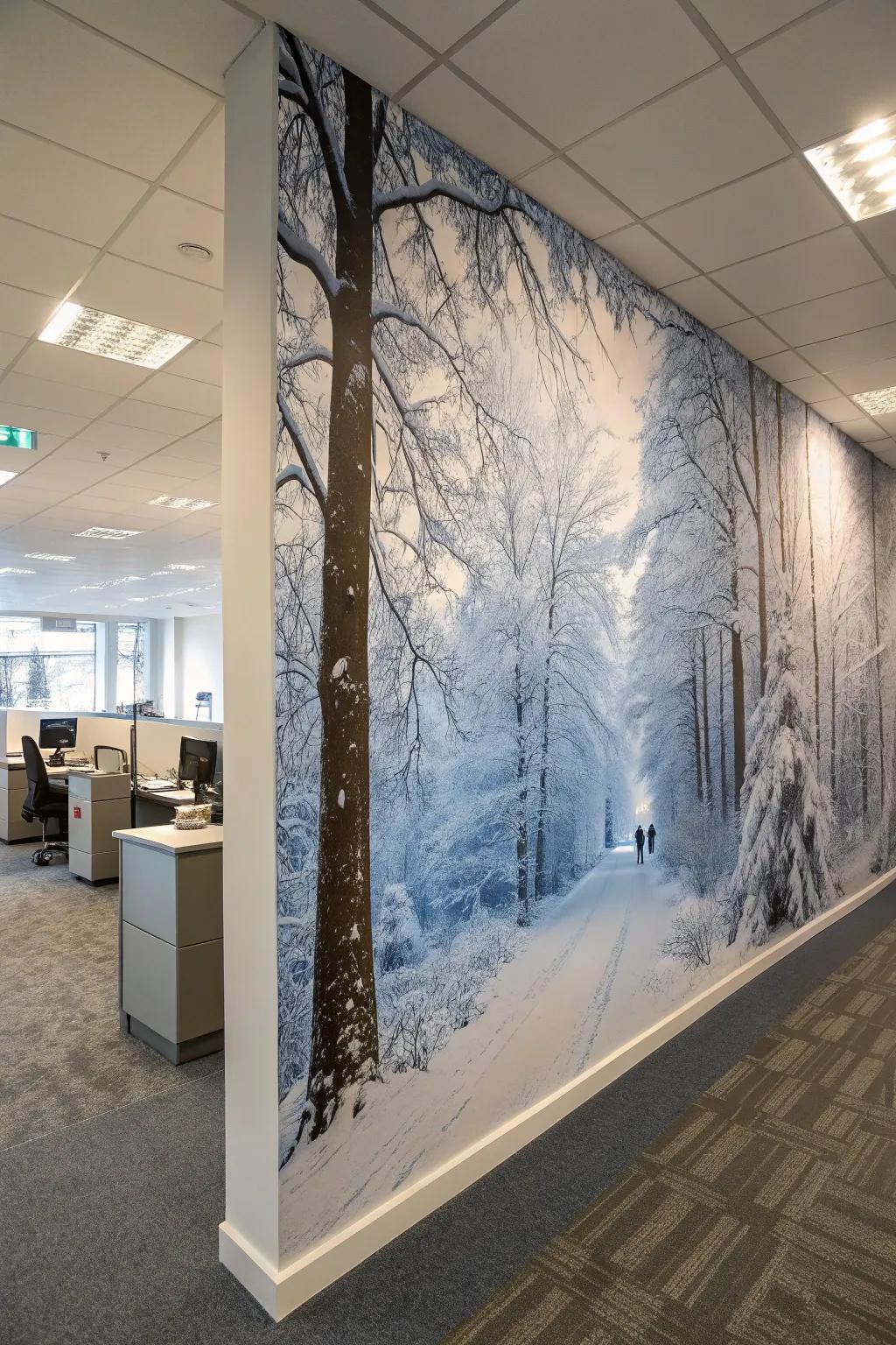 A wintry woodland scenery ushers the splendor of nature into the workplace.
